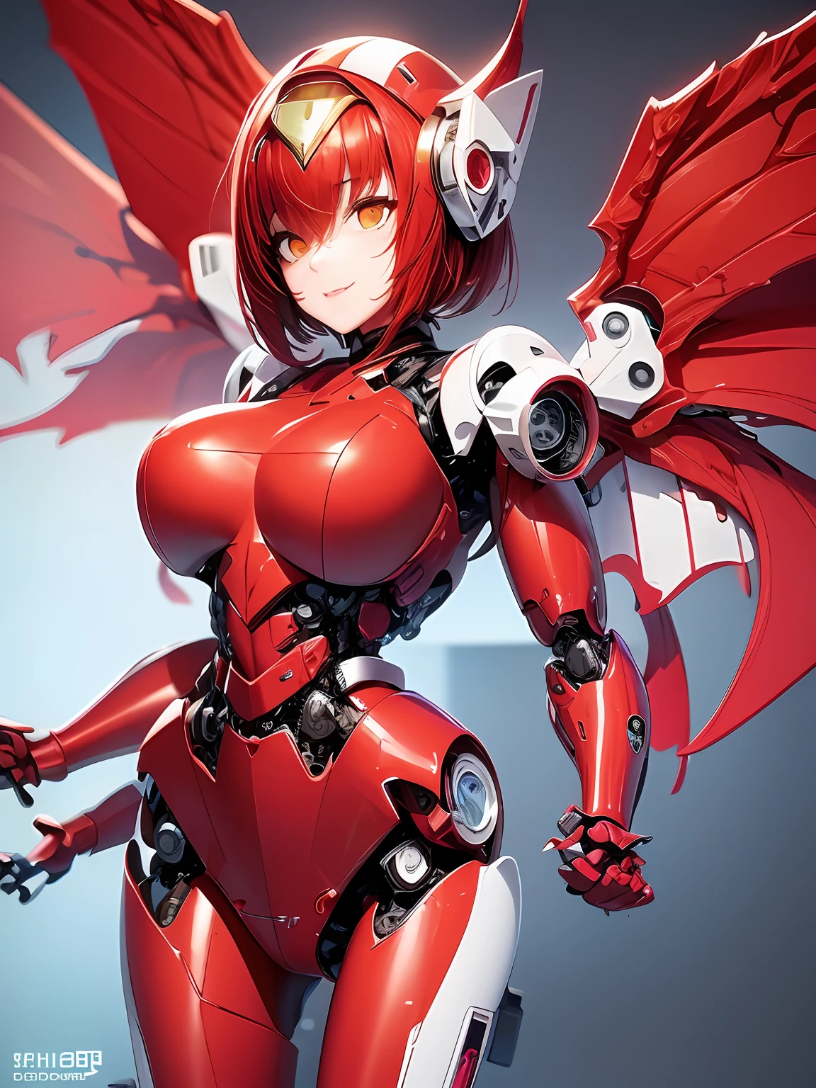 Robot girl,red colour,wings,short detailed hair,Muscles all over the body