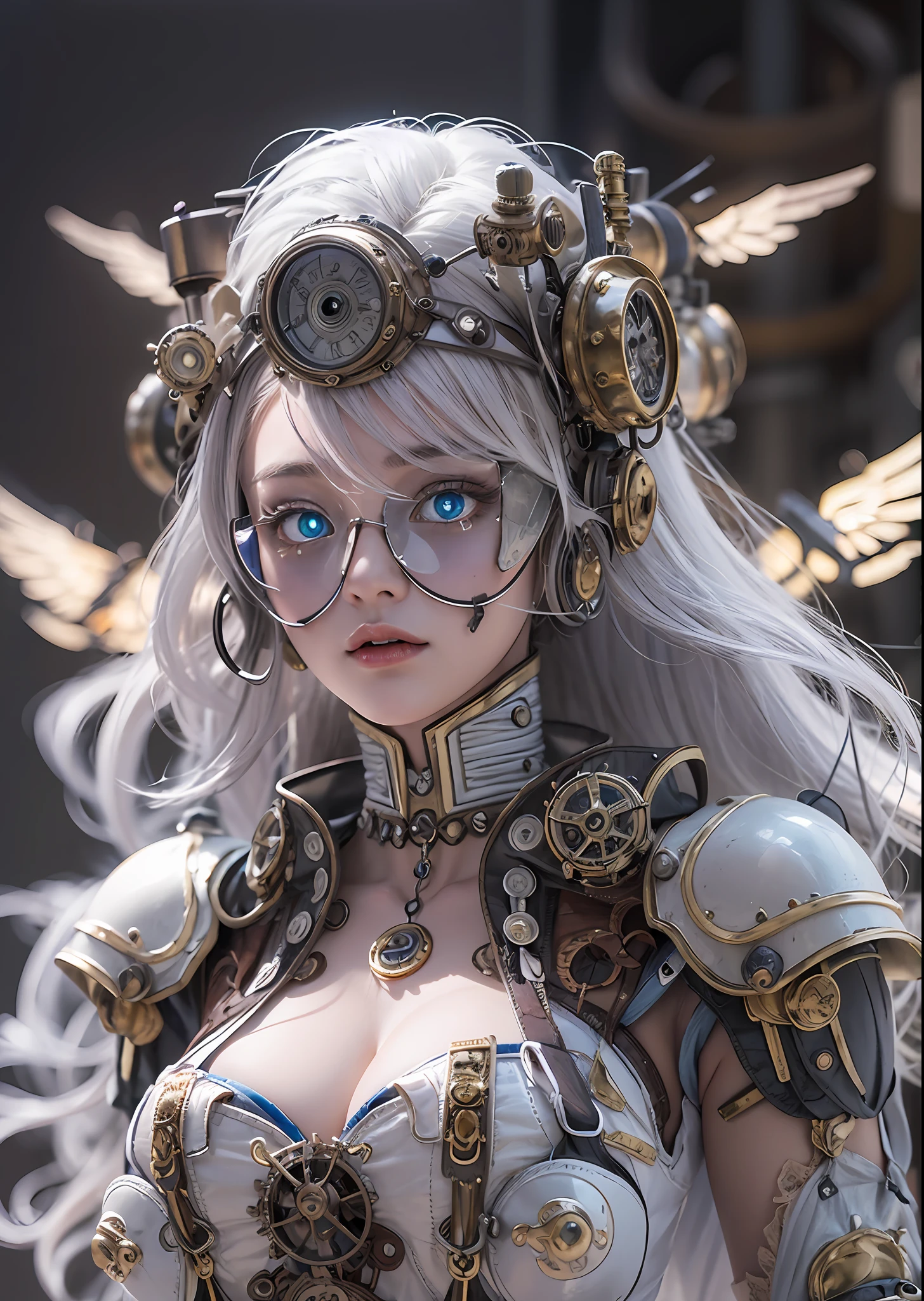 top-quality、​masterpiece、超A high resolution、(Photorealsitic:1.4)、Raw photo、Steampunk Battle Cyborg Angel、large wings made of metal、White porcelain body、Acrylic Clear Cover、white  hair、glowy skin、1 Steampunk Cyborg Girl、((super realistic details))、portlate、globalillumination、Shadow、octan render、8K、ultrasharp、character edge light,Colossal tits、Raw skin is exposed in cleavage、Details of complex ornaments、Steam engine details、Hydraulic cylinder、Small LED lamp、highly intricate detail、Realistic light、a purple eye、radiant eyes、Facing the camera、neon details、cowboy  shot、Futuristic headgear、About steampunk、、
