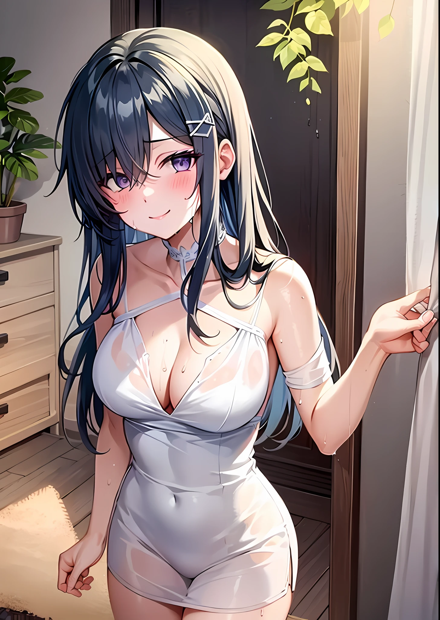 Best quality, Detailed face, Highest quality, 1girll, Naked, White dress shirt, short- sleeved, Wet clothes, Tight clothing, see through, Medium breasts, cleavage, Indoors, Bedroom, Bed, Bottomless, Bare legs, full of sweat, Wet skin, Smiling, Pov doorway, Indoors, Cowboy shot, musse egret, Green hair, hair pin, Purple eyes,