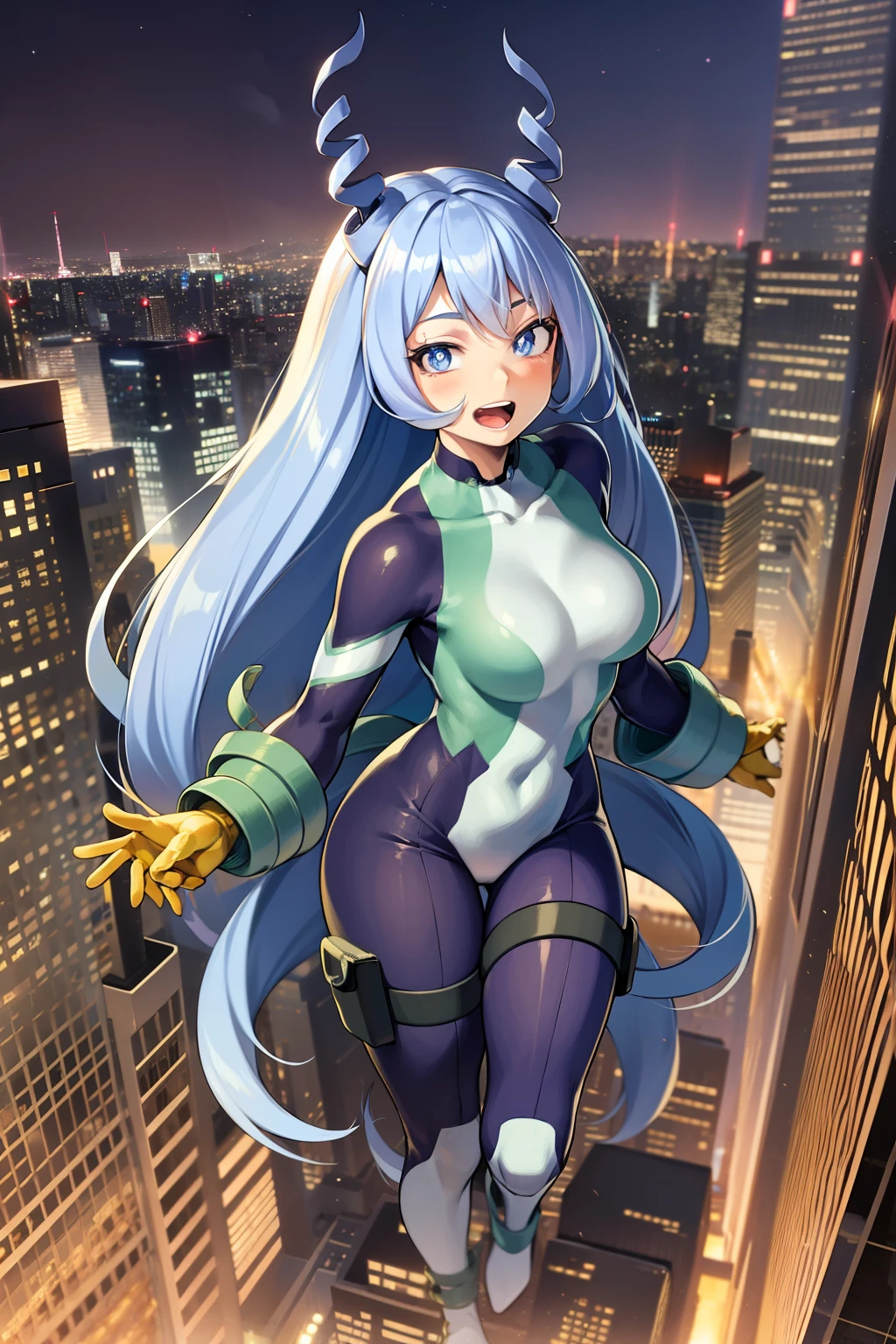 nejire hado, looking at viewer, bodysuit, full body, floating, night sky, city, city lights, from above, drill hair, 1girl, yellow gloves, happy, arm behind back, hair horns, blue eyes, open mouth,