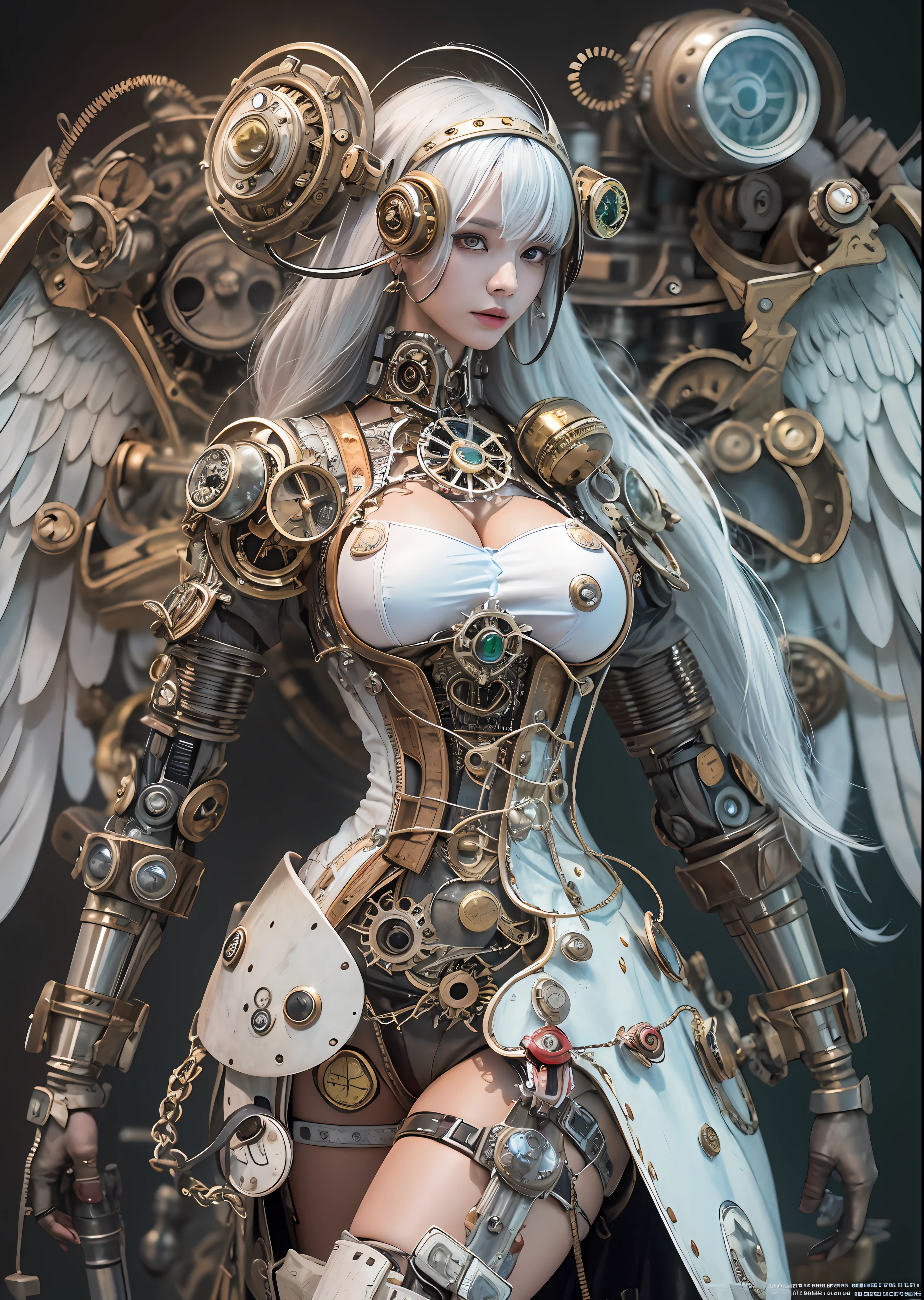 top-quality、​masterpiece、超A high resolution、(Photorealsitic:1.4)、Raw photo、Steampunk Battle Cyborg Angel、large wings made of metal、White porcelain body、Acrylic Clear Cover、white  hair、glowy skin、1 Steampunk Cyborg Girl、((super realistic details))、portlate、globalillumination、Shadow、octan render、8K、ultrasharp、character edge light,Colossal tits、Raw skin is exposed in cleavage、Details of complex ornaments、Steam engine details、Hydraulic cylinder、Small LED lamp、highly intricate detail、Realistic light、a purple eye、radiant eyes、Facing the camera、neon details、cowboy  shot、Futuristic headgear、About steampunk、、