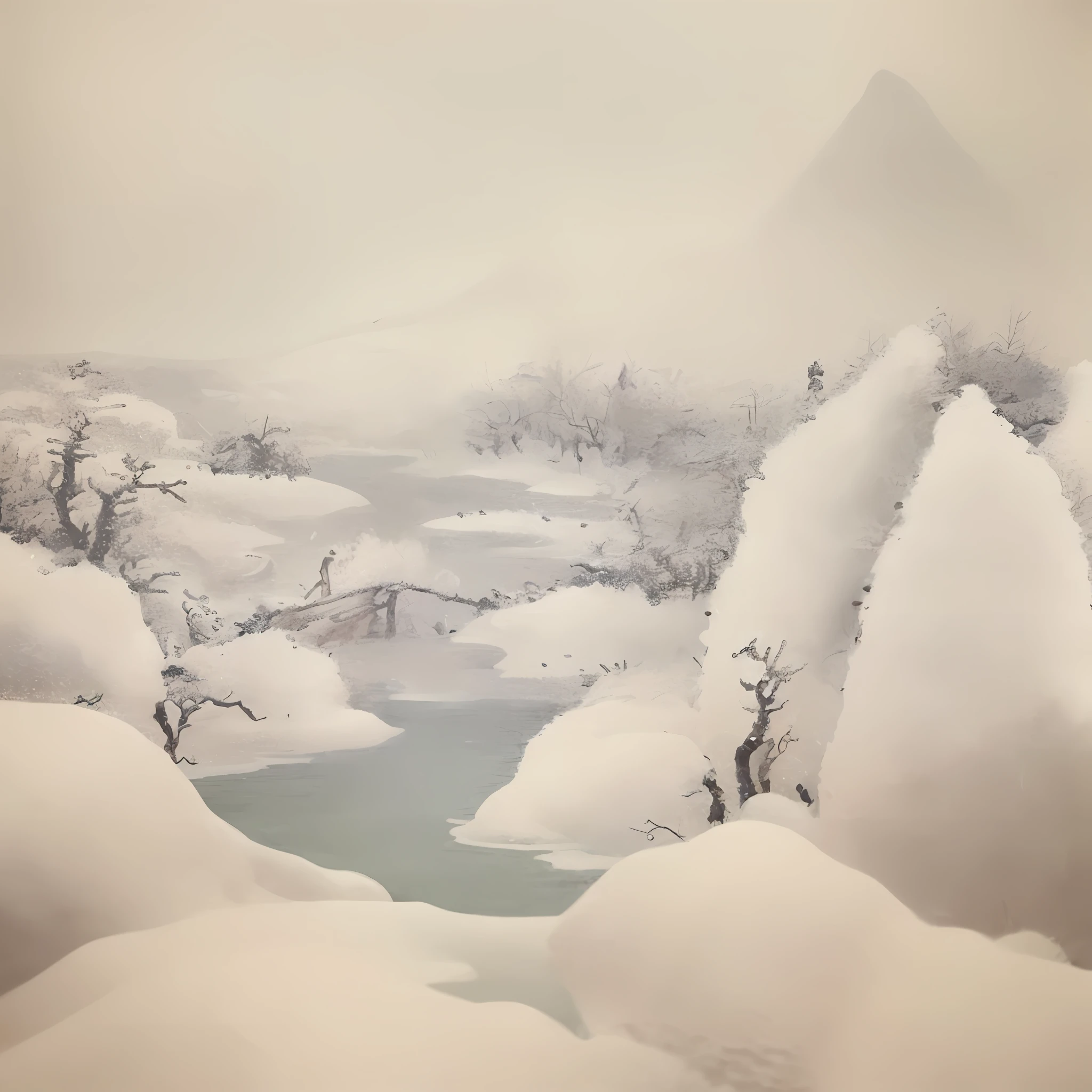 There is a painting of a snowscape, inspired by Ryōhei Koiso, style of guo hua, inspired by Sōami, inspired by Shen Shichong, inspired by Zhang Shunzi, inspired by Wang Shimin, author:Wang Lu, in style of fenghua zhong, by Gu Kaizhi