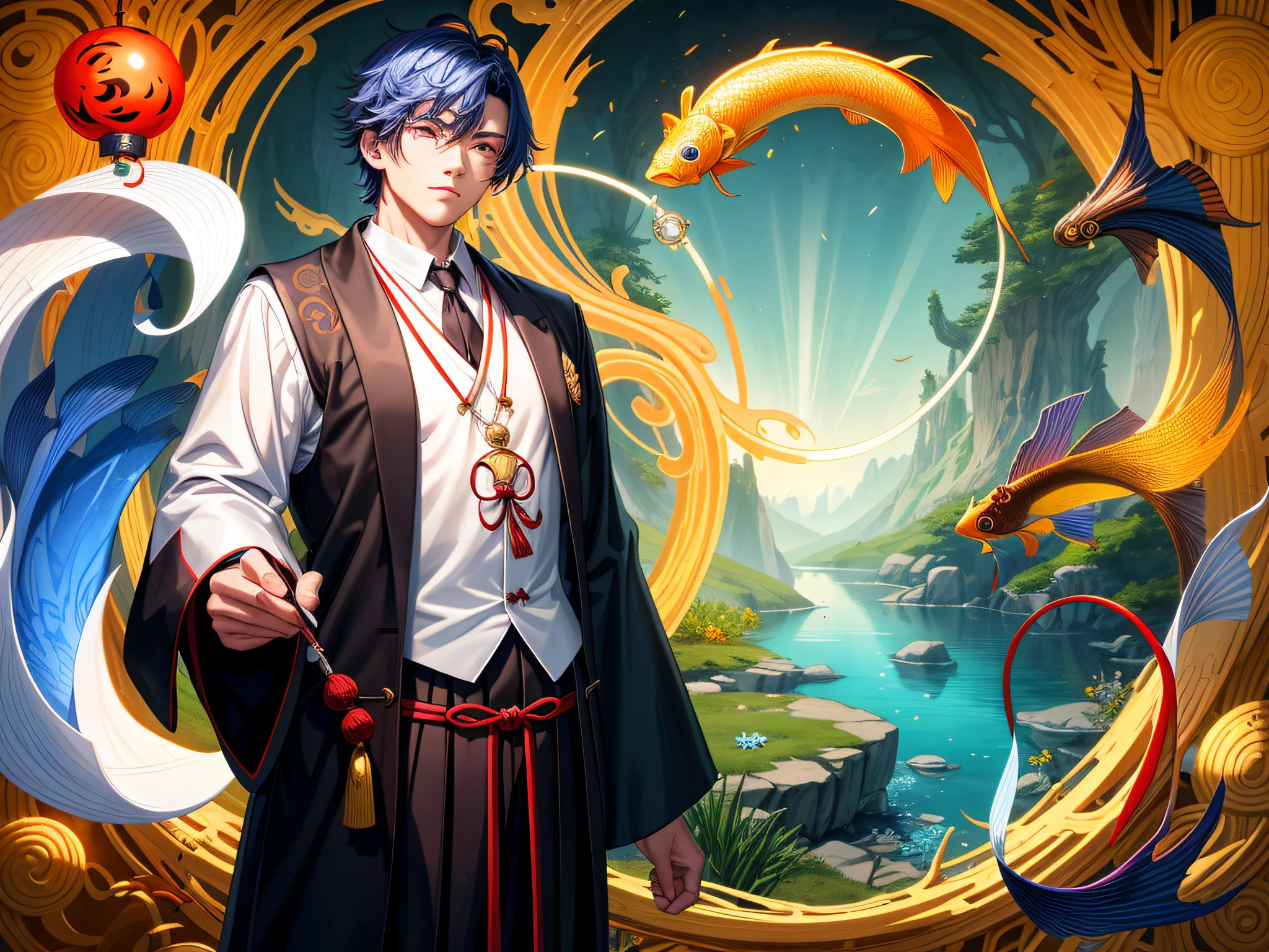 shoun,schoolboy,cool guy,Taoist robes,Pen, ink and paper,Mysterious charms,Yin and Yang fish,Five elements of gossip,Immortal props,Mysterious aura,Taoist cultural symbols