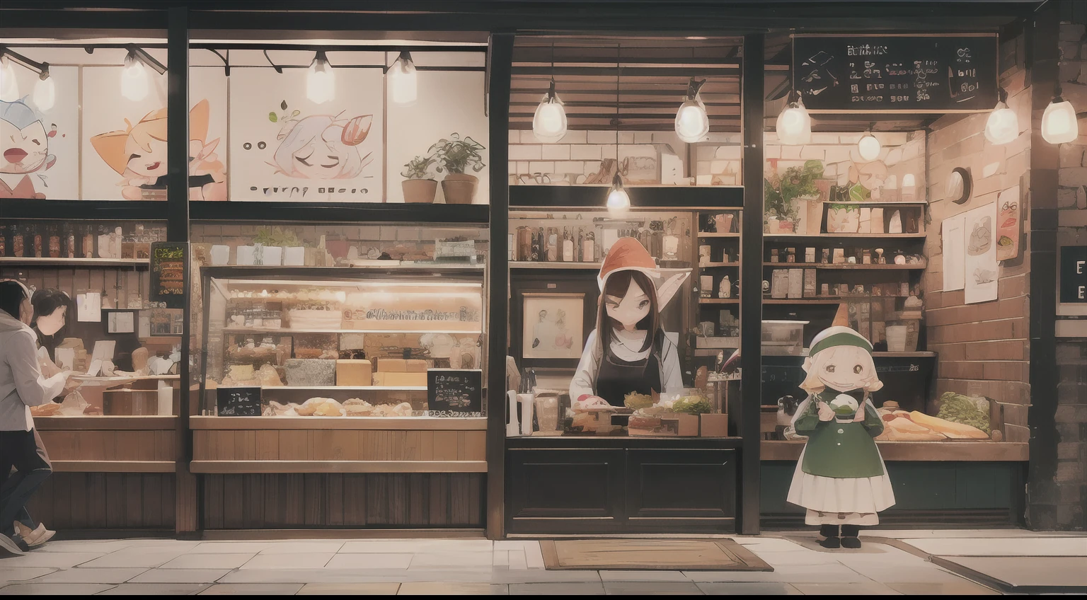 Cute elf characters drawn in realistic hand-drawn style、Generate illustrations that brightly depict the dining scene of a coffee shop。