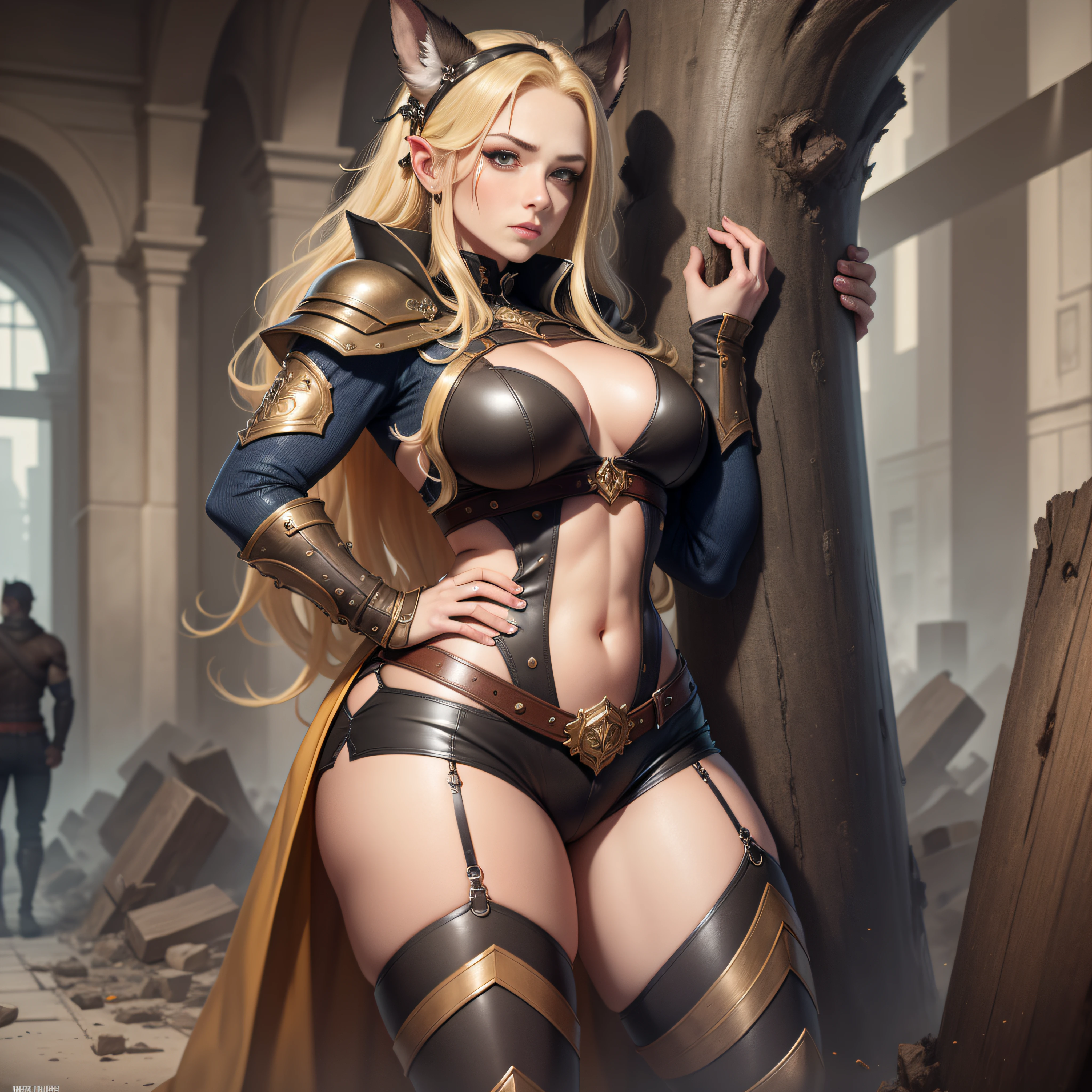 (There is only one person in the scene,One guy,full bodyesbian, The temperament of a queen,tmasterpiece,best qualityer,Hyper-detailing,Full body illustration,Fine and detailed eyes and detailed face) garments:There are animal ears,Orc symbaroum,Facial expressions are abundant,The upper body is clothed,The lower half of the body wears animal skin shorts,Wear knee-high boots,Boots made of cloth,Extra long boots, blond hairbl,Tall,Plump body,robust,Wide buttock,Large,strong,There are muscles,full bodyesbian,a matural female, (big assa:1.6),(thick thight:1.8),As tall as a building,The ground shattered,rising tall,Others are ant size