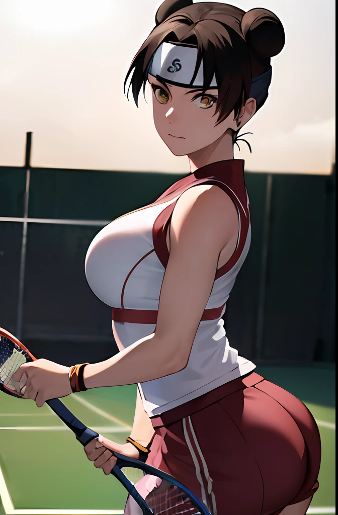 masterpiece, absurdres , (intricate details), (colorful),cinematic lighting,bust shot,extremely detailed CG unity 8k wallpaper,tenten\(shippuden\), 1girl, solo, tennis court background, tennis outfit, cowboy shot,