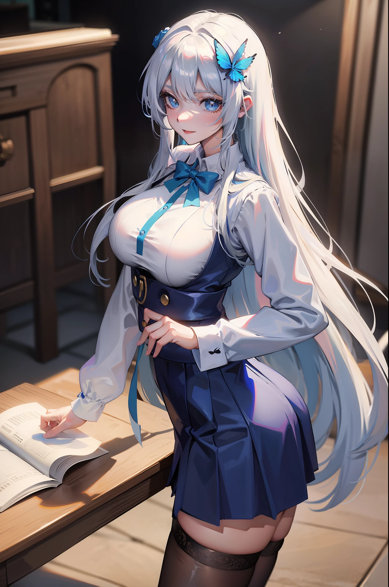 2D, tmasterpiece, best qualtiy, anime big breast, highly detailed, solo person, 独奏, White hair, long whitr hair,校服, mediuml breasts, standing on your feet,ssmile,one-girl,blue colored eyes,Star eyes,blue butterfly hair ornament,Black stockings,Classroom,light leaks