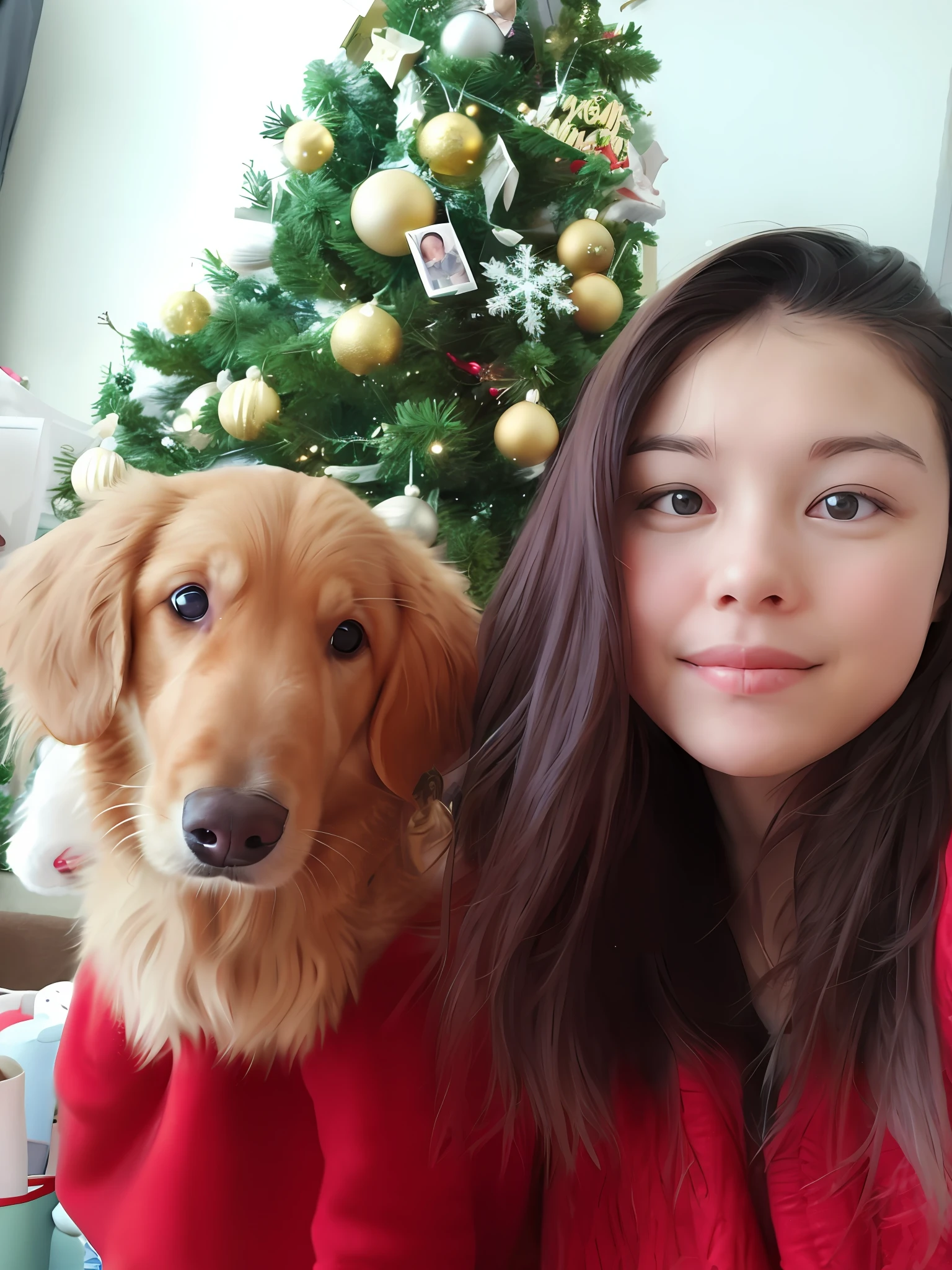 Golden retriever puppy in red coat and woman dressed in red, There is a Christmas tree in the background,A photo with your pet