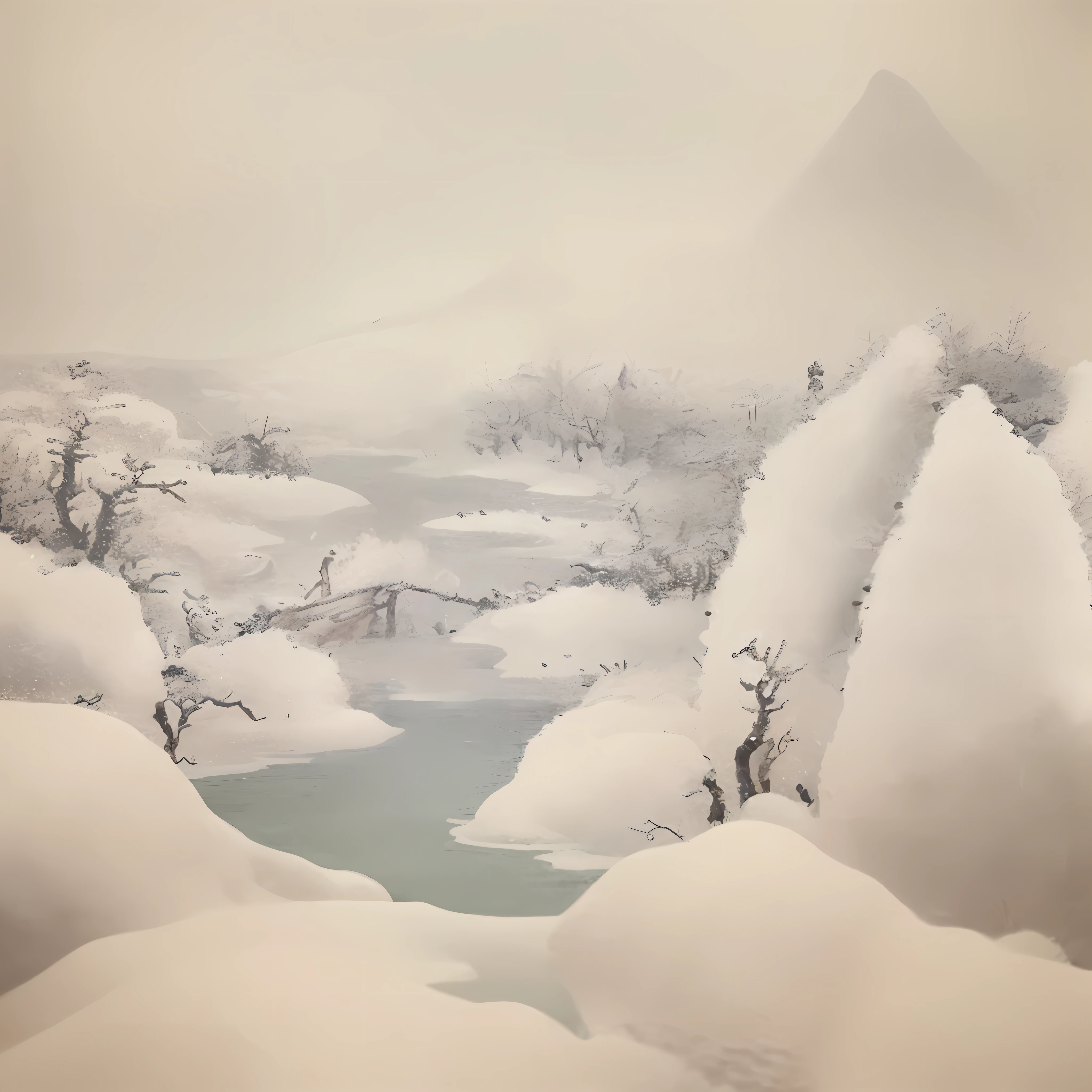 There is a painting of a snowscape, inspired by Ryōhei Koiso, style of guo hua, inspired by Sōami, inspired by Shen Shichong, inspired by Zhang Shunzi, inspired by Wang Shimin, author:Wang Lu, in style of fenghua zhong, by Gu Kaizhi