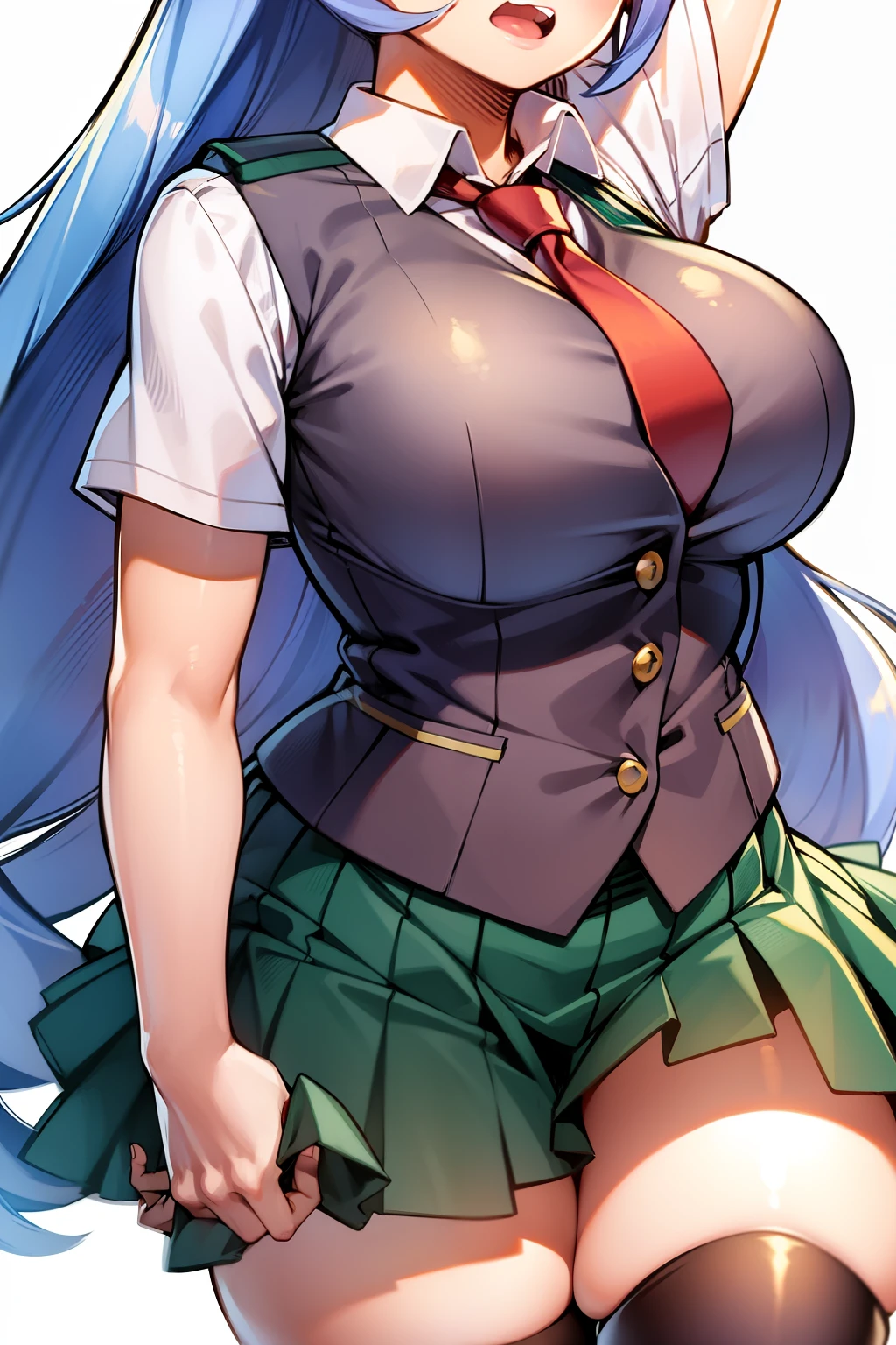 nejire hado, 1girl, solo, long hair, breasts, looking at viewer, open mouth, blue eyes, skirt, large breasts, simple background, shirt, white background, school uniform, blue hair, white shirt, short sleeves, thighs, necktie, teeth, collared shirt, vest, arm up, thick thighs, red necktie, green skirt, arm behind head, u.a. school uniform