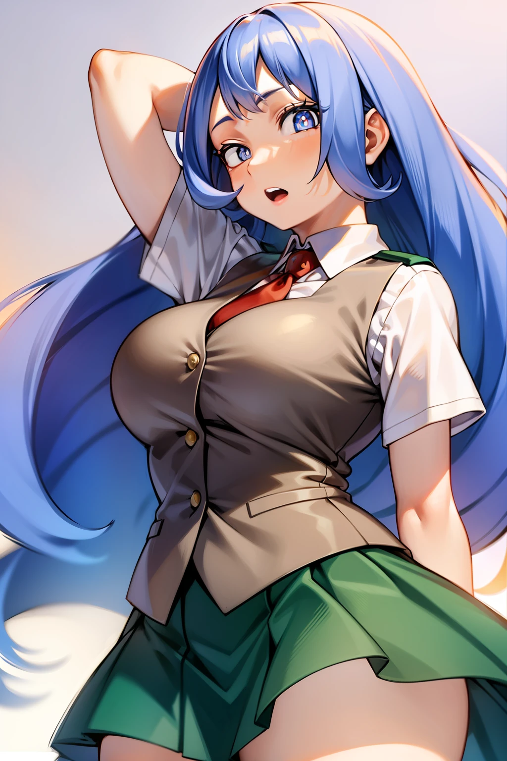 nejire hado, 1girl, solo, long hair, breasts, looking at viewer, open mouth, blue eyes, skirt, large breasts, simple background, shirt, white background, school uniform, blue hair, white shirt, short sleeves, thighs, necktie, teeth, collared shirt, vest, arm up, thick thighs, red necktie, green skirt, arm behind head, u.a. school uniform