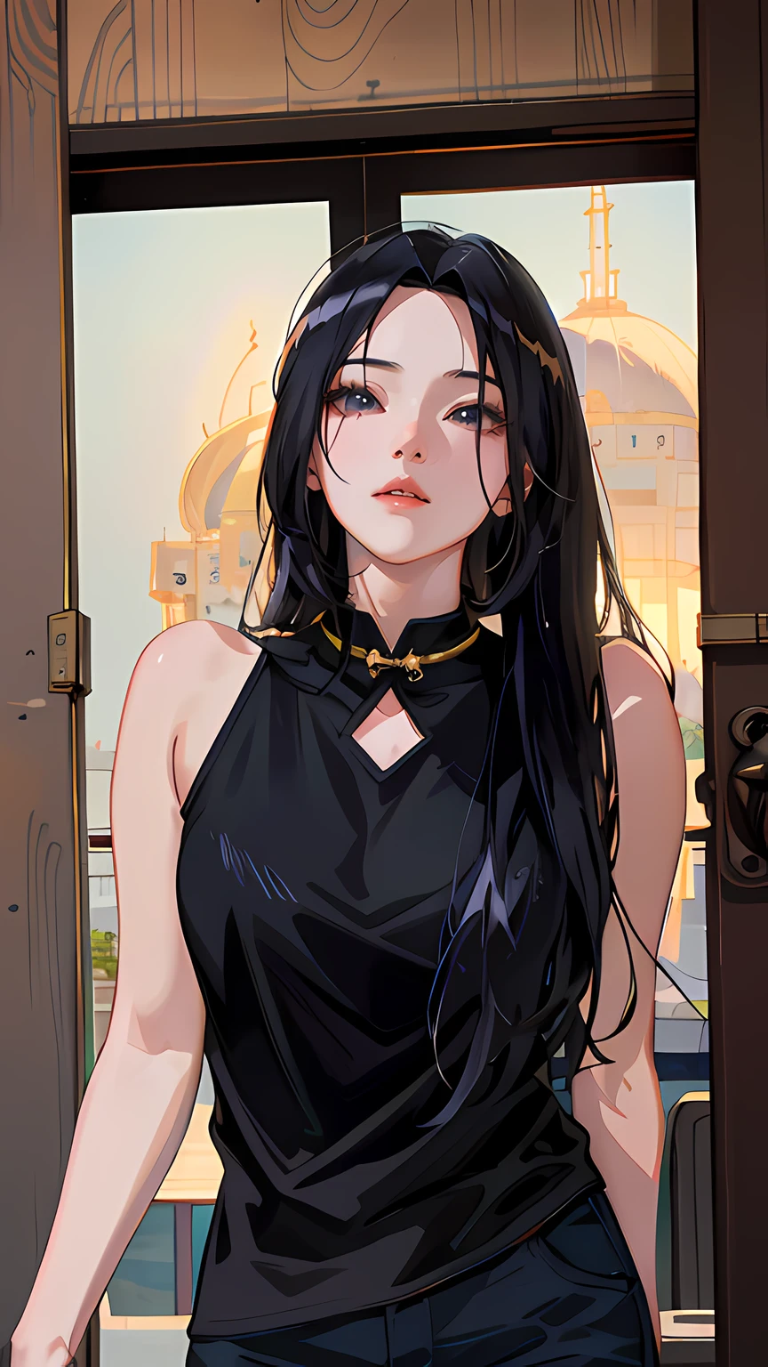Anime girl with black hair and black cheongsam standing in front of the door, Guviz-style artwork, Digital anime illustration, attractive anime girls, seductive anime girls, realistic anime artstyle, Digital anime art, Anime girl wearing black dress, Anime style. 8K, portrait anime girl, Beautiful anime girl, style of anime4 K, a beautiful anime portrait,Realistic anime 3 D style, Anime style. 8K, anime realism style, realistic anime artstyle, Photorealistic anime,style of anime4 K, Guviz-style artwork, Casual pose,((tmasterpiece,best qualtiy)),illustratio,Ultra-detailed 8K,Photorealsitic,Clear focus,A highly detailed,Professional lighting,Colorful detailed,Rainbow color BREAK factory super long shot,with light glowing,Complicated details,Shitu-mecha,1girl stands in front of the audience,Bigchest。