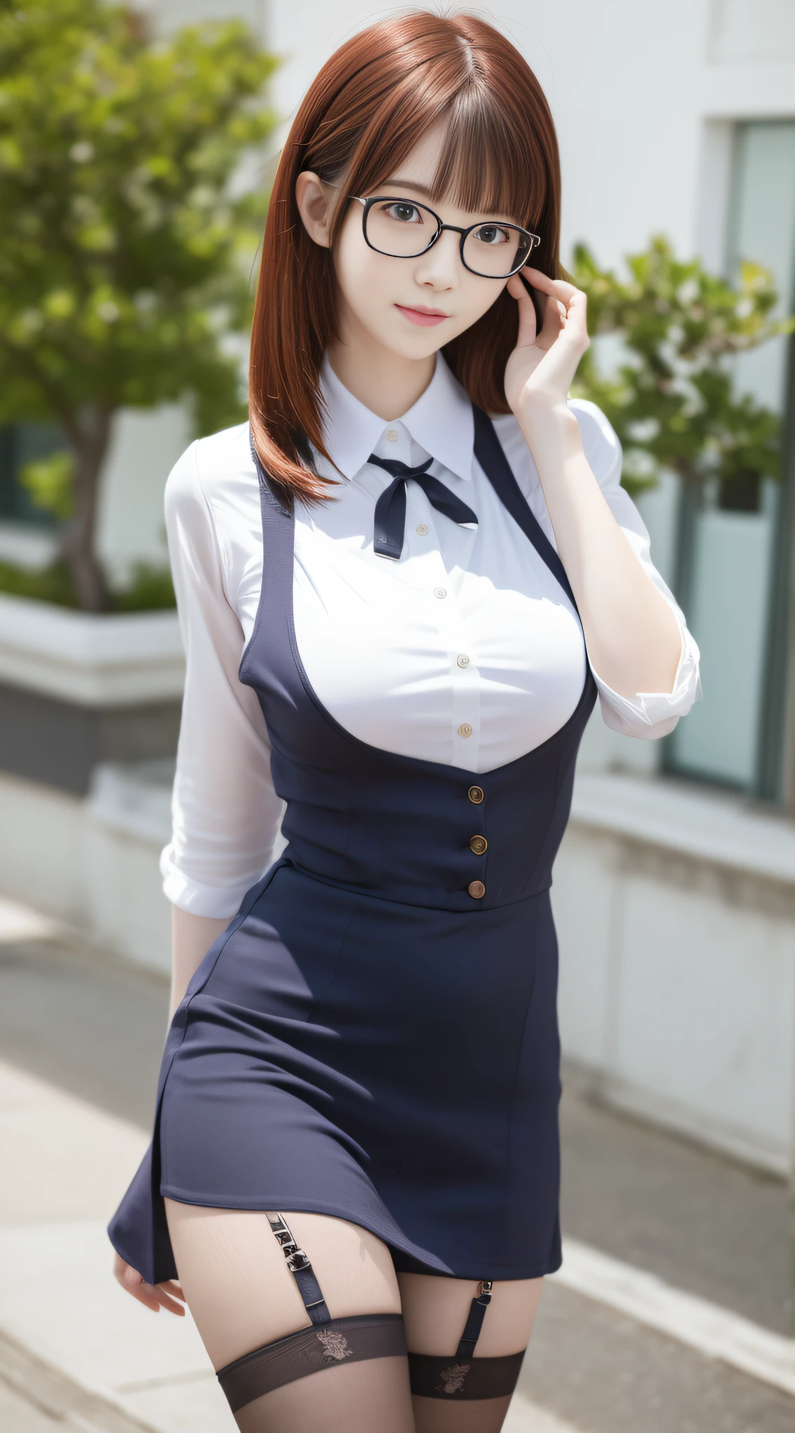 (8K,RAW photo, Best quality, Masterpiece:1.2),(Realistic, photo-realistic:1.37),超高分辨率,,1girll,Adult body size proportions,(Red hair:1.1),White pantyhose,Black pantyhose,Suspender socks,Detailed face,Detailed eyes,Huge breasts,Shiny skin,view the viewer,Healing cute, Light smile, (Cityscape: 1.2),Lolita dress,Lolita outfit,Lolita clothes,Glasses,