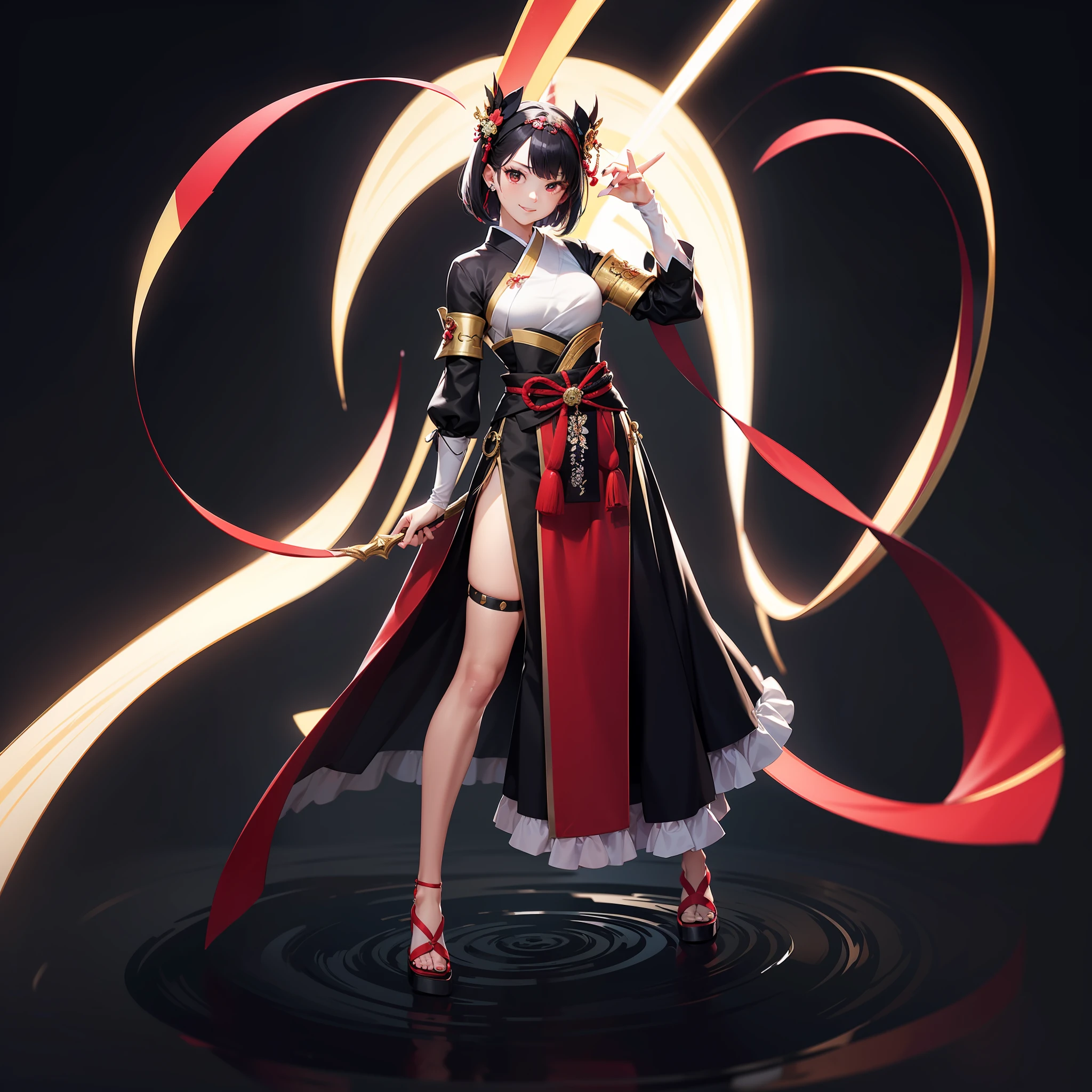 Confidence and strong will, This Combat Queen, Known as Saikeiko, Exudes an aura of unparalleled prowess. With a subtle cartoon-style smile that hints at the mysterious past from the future Kyoto in the year 2180, Her piercing eyes, Detailed in neon red, Suggest combat experience and depth in different timelines. Her slender figure, Reminiscent of the elegance of Japan traditional dancers, A fluid movement that betrays her strength. Decorated with costumes that seamlessly blend Japan's traditional aesthetics with futuristic elements, Every part of her attire is、Talk about her legacy and the advanced technology of her time. Neon Color Theme, Especially red, Emphasize her form, Makes her stand out even in the midst of battle. Her hair, Sleek angle bob, Flowing like an old river in Kyoto, Reflects both pride in her origins and modern sensibilities. As a time traveler from 2180, She seamlessly blended the elegance of the past with the avant-garde of the future. She stands in a dynamic pose, Showing off her entire figure from head to toe, Ready to jump into action right away. The background is as plain as possible, Make sure the focus stays only on her.