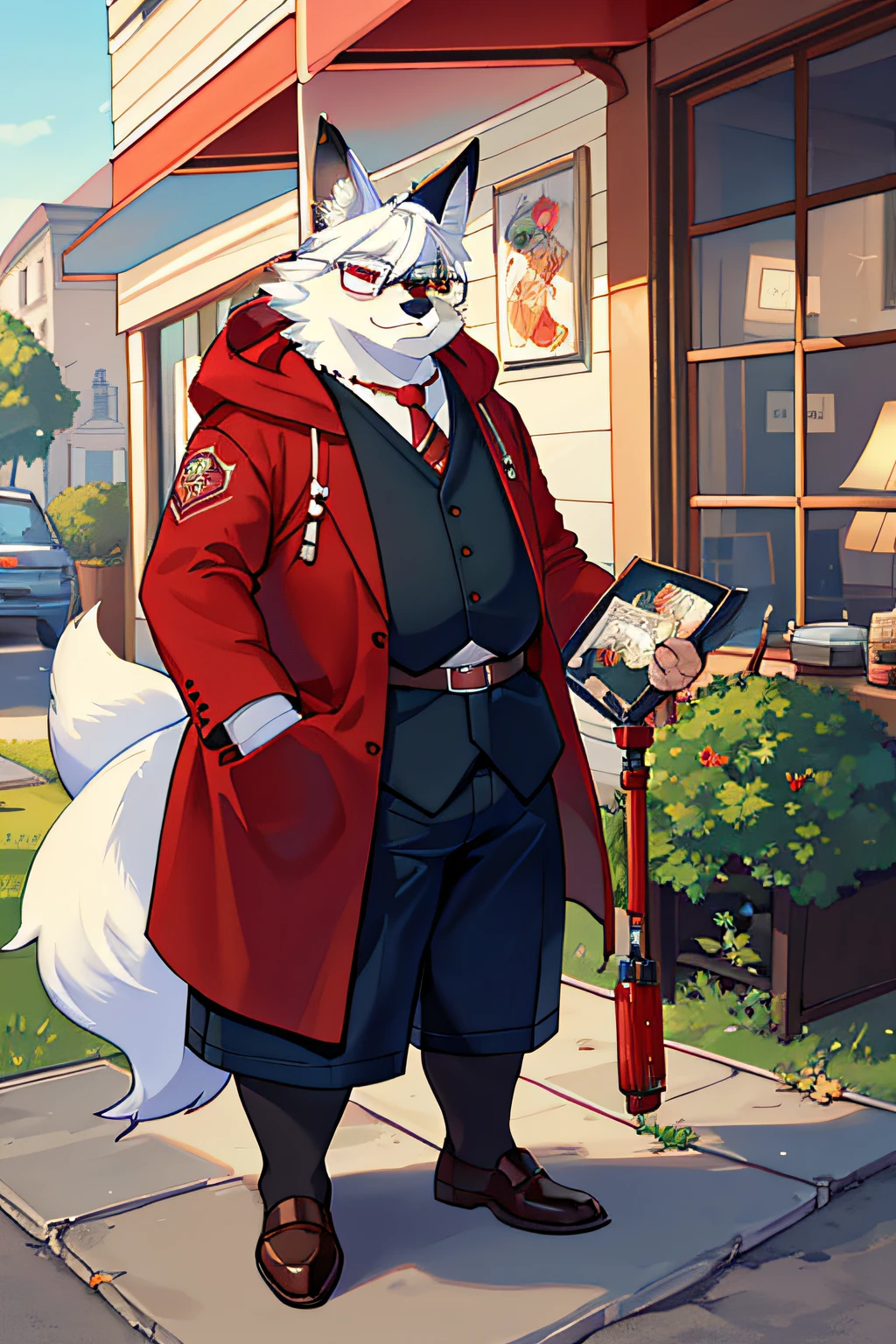 (Fox Man)(Big fat man)(White hair and red eyes)(quadratic element)（adolable）（eye glass）（Gender male）（solo person）（full bodyesbian）（Beautiful）（cartoony）（furry）（fat guy）（dwarf）