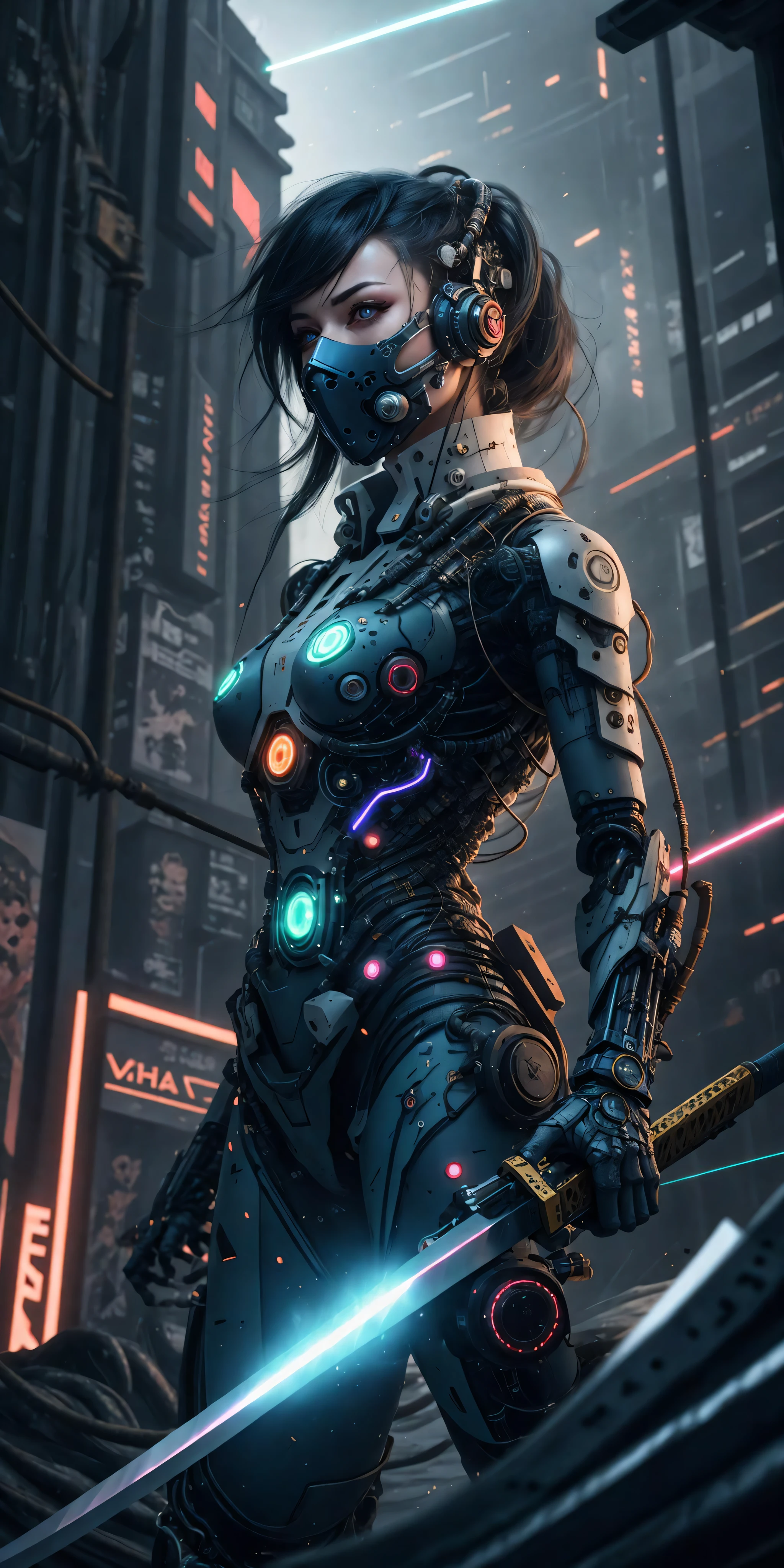 (Raw photo,realistic,photorealistic),dynamic angle,gorgeous,amazing,epic,ultra-detailed,1girl\(mecha\),(techpunkmask:1.2),slim body,kong-fu,black hair,black eyes,Chinese hairstyle,see-through,glowing body,cyberpunk,cyborg ninja,cinematic Lighting,Accent Lighting,dramatic_shadow,ray_tracing,complex clothes and patterns, fighting,(holding laser-katana:1.3),hair-bangs,red long scarf,highly real skin,outdoors, strong dynamic pose, neon lights, beautiful glowing,
