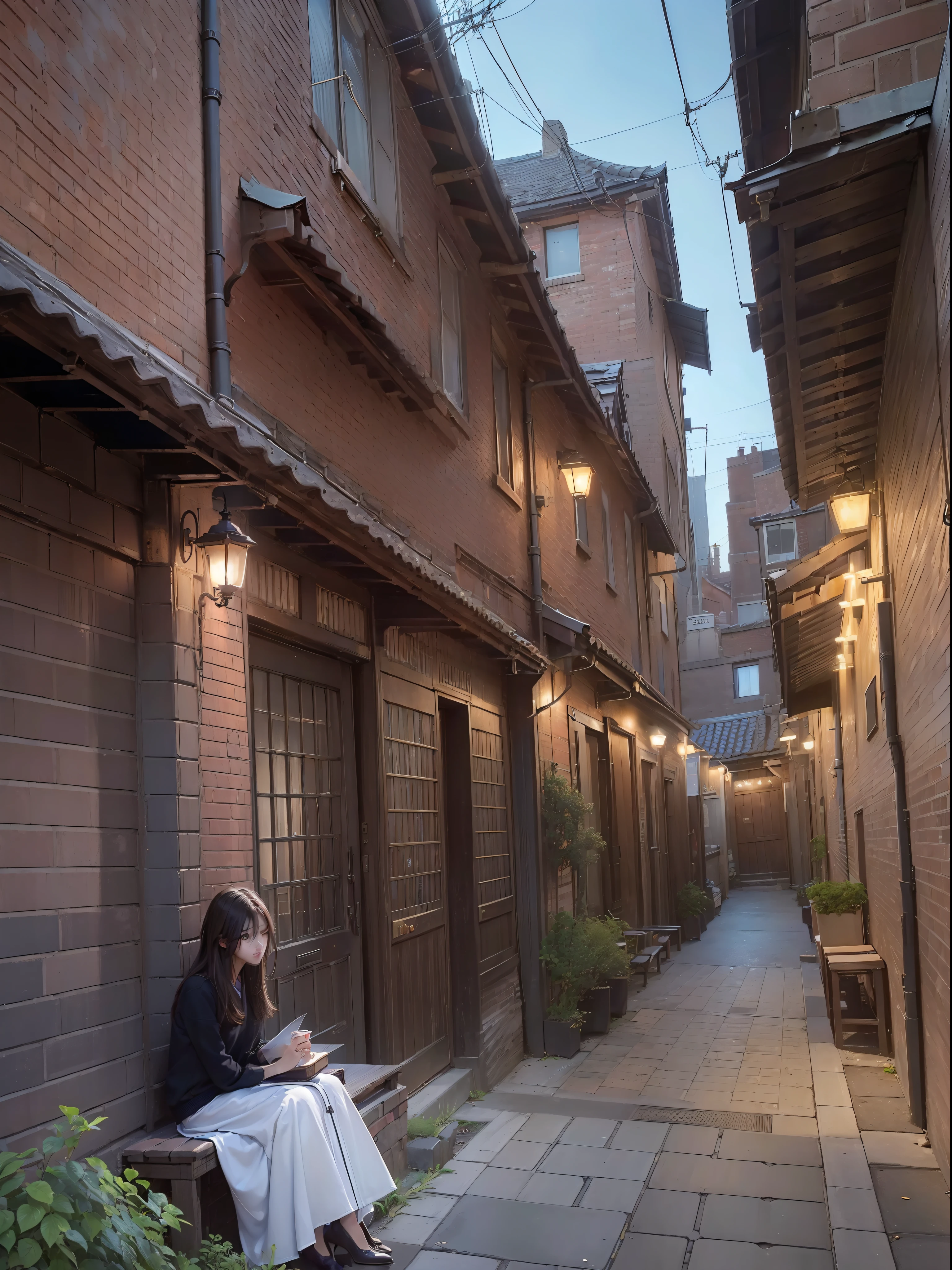 (((hight resolution)))、(in 8K)、 (((ighly detailed)))、(top-quality、masterpiece:1.3)、((sharpnes))、ciinematic light、alleyway、Brick wall、Benches、streetlights、Person sitting on a bench、natta、no text
