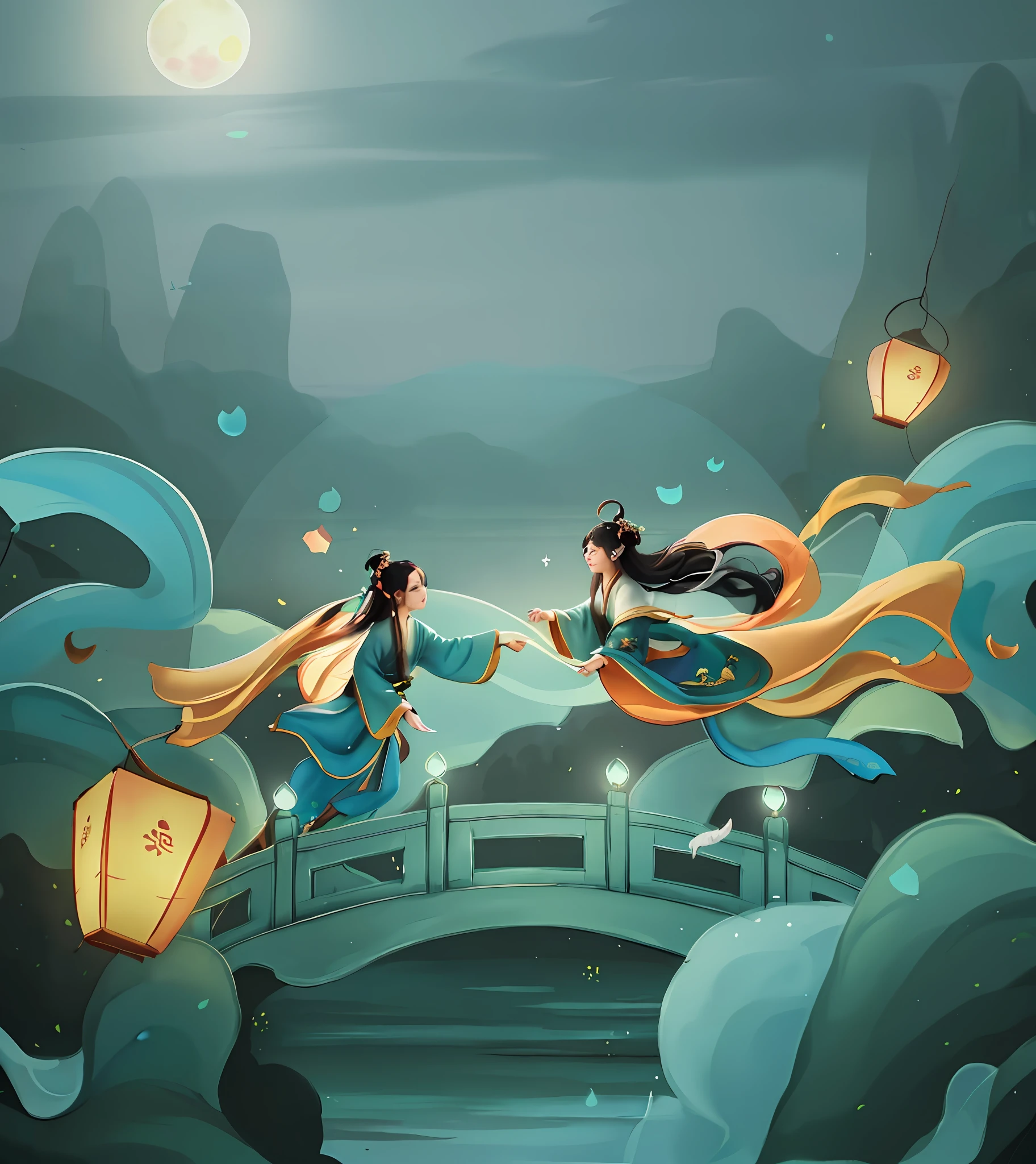 Han dynasty,An ancient fairy that fell from the sky,Magpie Bridge,Auspicious clouds,Huge moon background,Lanterns,Blue-gold tones,电影灯光,c4d渲染,Detailed details,Detailed light and shadow,8K,(((Masterpiece))),Best quality, (First_person_View),((Ultra-delicate shadows)), ((((Ultra detail))), ((((8K, Yes)))), (((A high resolution))), ((8K wallpaper)), 8K wallpaper, ((((Ultra detail))), ((((8K, Yes)))), (((A high resolution))), ((8K wallpaper)), Shadow detail (((Ultra detail))), ((((8K, Yes))))