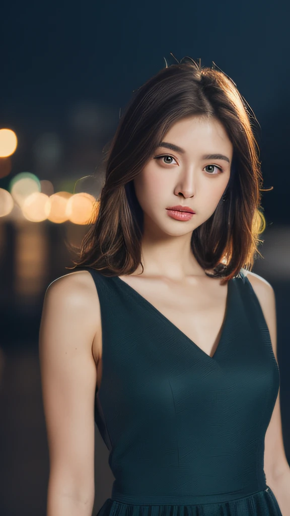((Realistic lighting, Best quality, 8K, Masterpiece: 1.3)), Focus: 1.2, 1girl, Perfect Body Beauty: 1.4, Slim Abs: 1.1, ((Dark Brown Hair)), (Aqua Dress: 1.4), (Outdoor, Night: 1.1), City Street, Super Fine Face, Fine Eyes, Double Eyelids,