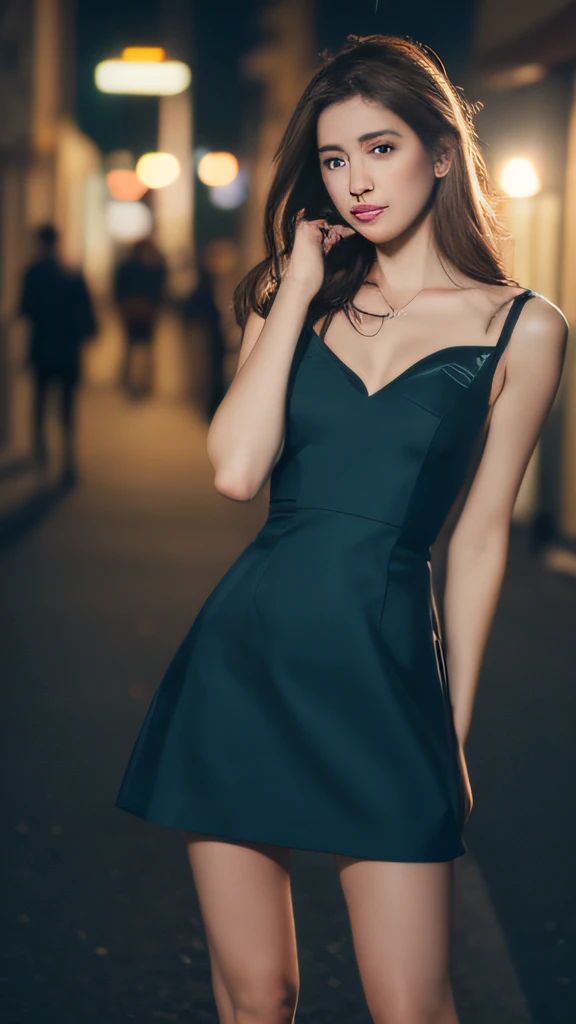 ((Realistic lighting, Best quality, 8K, Masterpiece: 1.3)), Focus: 1.2, 1girl, Perfect Body Beauty: 1.4, Slim Abs: 1.1, ((Dark Brown Hair)), (Aqua Dress: 1.4), (Outdoor, Night: 1.1), City Street, Super Fine Face, Fine Eyes, Double Eyelids,
