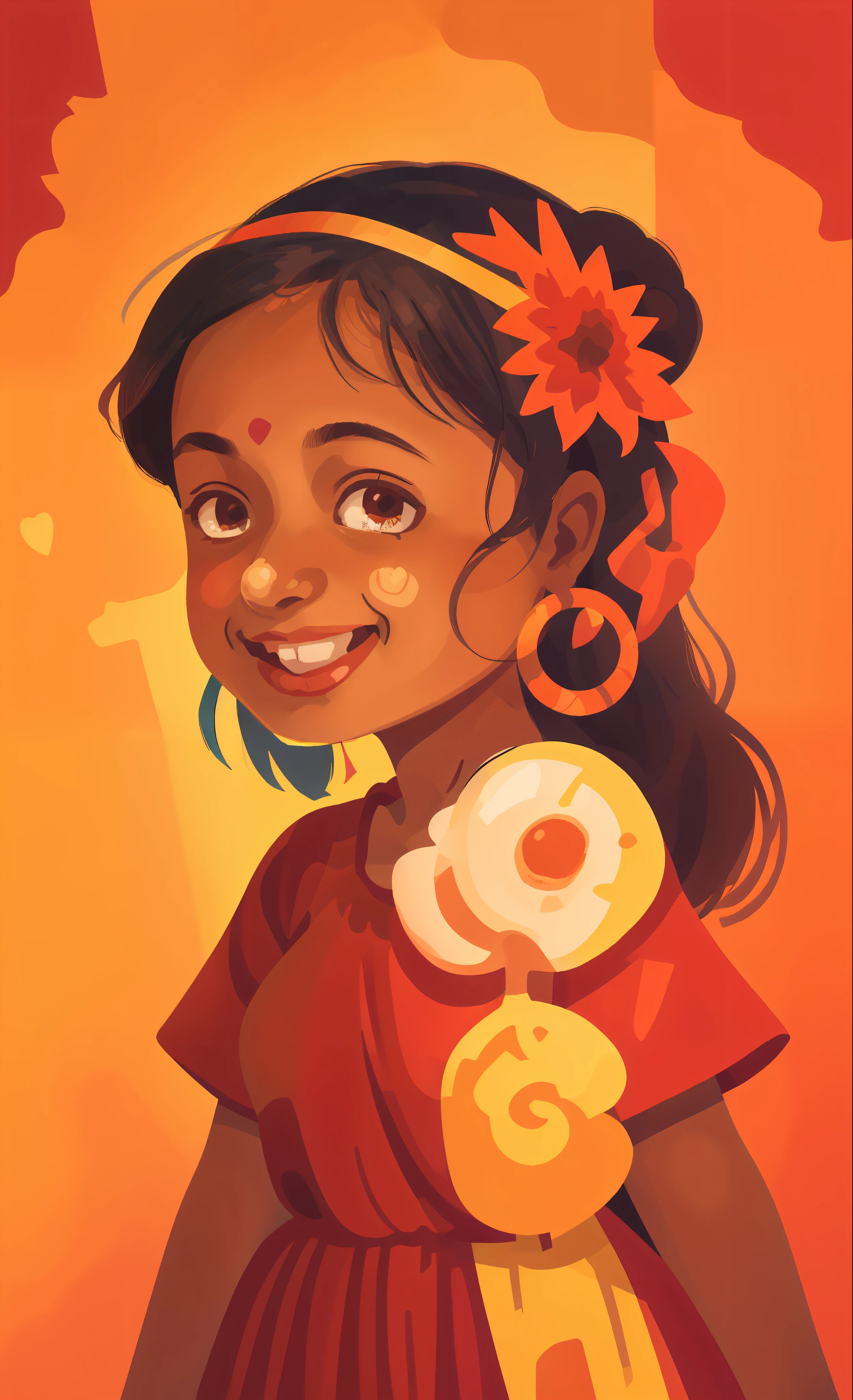 there is a girl in red baggy dress, a colorized photo by T. K. Padmini, tumblr, hurufiyya, with lovely look, around 1 , indian girl with brown skin, profile pic, innocent smile painting of a woman, vibrant and bold pop art with high contrast colors, dynamic composition, and exaggerated details
