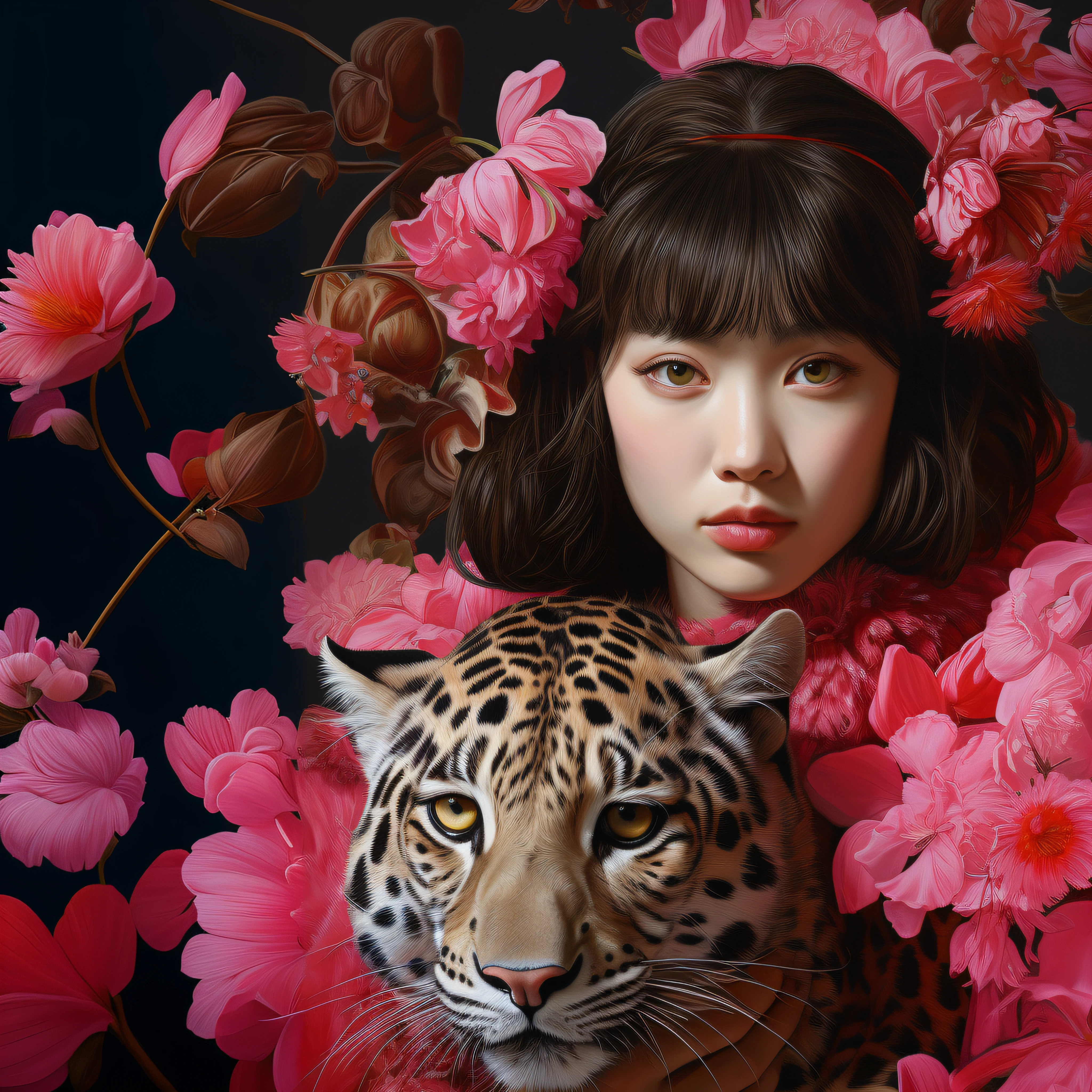 CUCCI fashion magazine of leopards and delicate women in the style of artist Zheng Xiaorong, pink and Bai colors, hyper-realistic oil painting, Daan Roosegaarde, style of andrey remnev, mash-up of celebrity images, featured animals, close-up, Lee Joong-keun