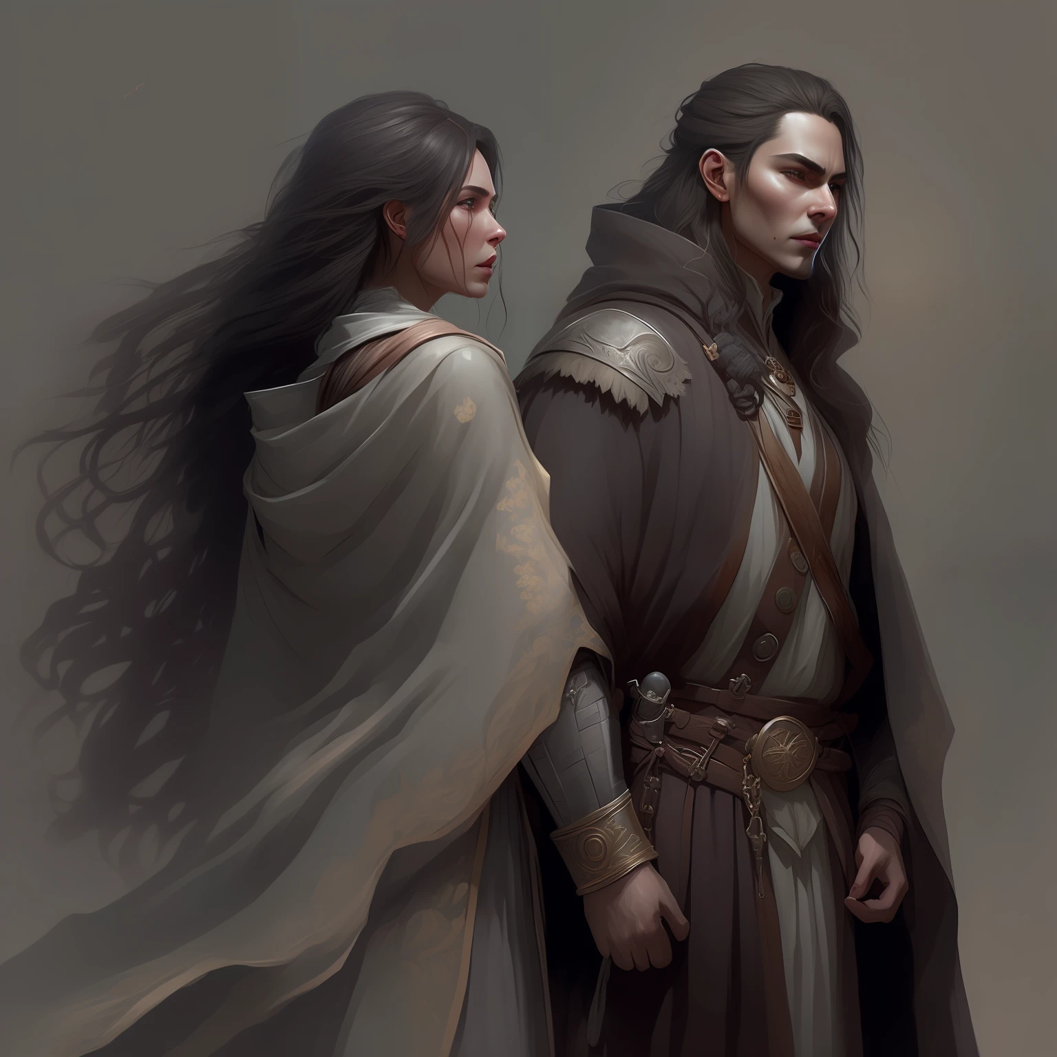 vivid lighting, Side view of a huge ruined room, There is a battle going on, Destroyed platform, war, Duo of a woman and a man, side-view, Hi-Def, ultradetail, European facial features, realeme fentezi, Pattern, portraite of a, side glance: woman's, 36yo, dark brown long hair, dark eyes, Frowning, A fighting look into the distance, dressed in an old shabby gray cloak,Beautiful handkerchief, wrapped around her head, Hands raised up, Clarity: 8 months, scenery: side view Huge throne room with large windows, A 36-year-old woman in an old raincoat stands near a throne, Ao fundo, Near the throne, A man hugs a woman by the shoulders, Rear side view: A man hugs a woman by the shoulders, Standing behind the throne of steam (((male)), fashion photography, (Full portrait), (half), 独奏, Detailed background, Detailed Face, (stonepunkAI, Stone theme:1.1), wise, (beautiful hair, braid: 0.2), shaman, The partition is harsh, mysterious, (Gorgeous face), Stunning, The head is tilted upwards, (calm expression on his face), Calm, Intimate Interaction. detailed clothes, realistic skin texture, Clear Focus, voluminous lighting, Good moments, Good shadows, sub-surface Scattering, Complex, Highly detailed, ((film)), dramatic, (Highest Quality, Award-winning, Masterpiece: 1.5), (Realism)
Standing next to them are two men with long hair, wlop and andrei riabovitchev, tuomas korpi and wlop, Darius Zawadzki and Tom Bagshaw, Donato Giancola and Tom Bagshaw, James Gurney and Andreas Rocha, rob rey and kentarõ miura, andreas rocha and john howe