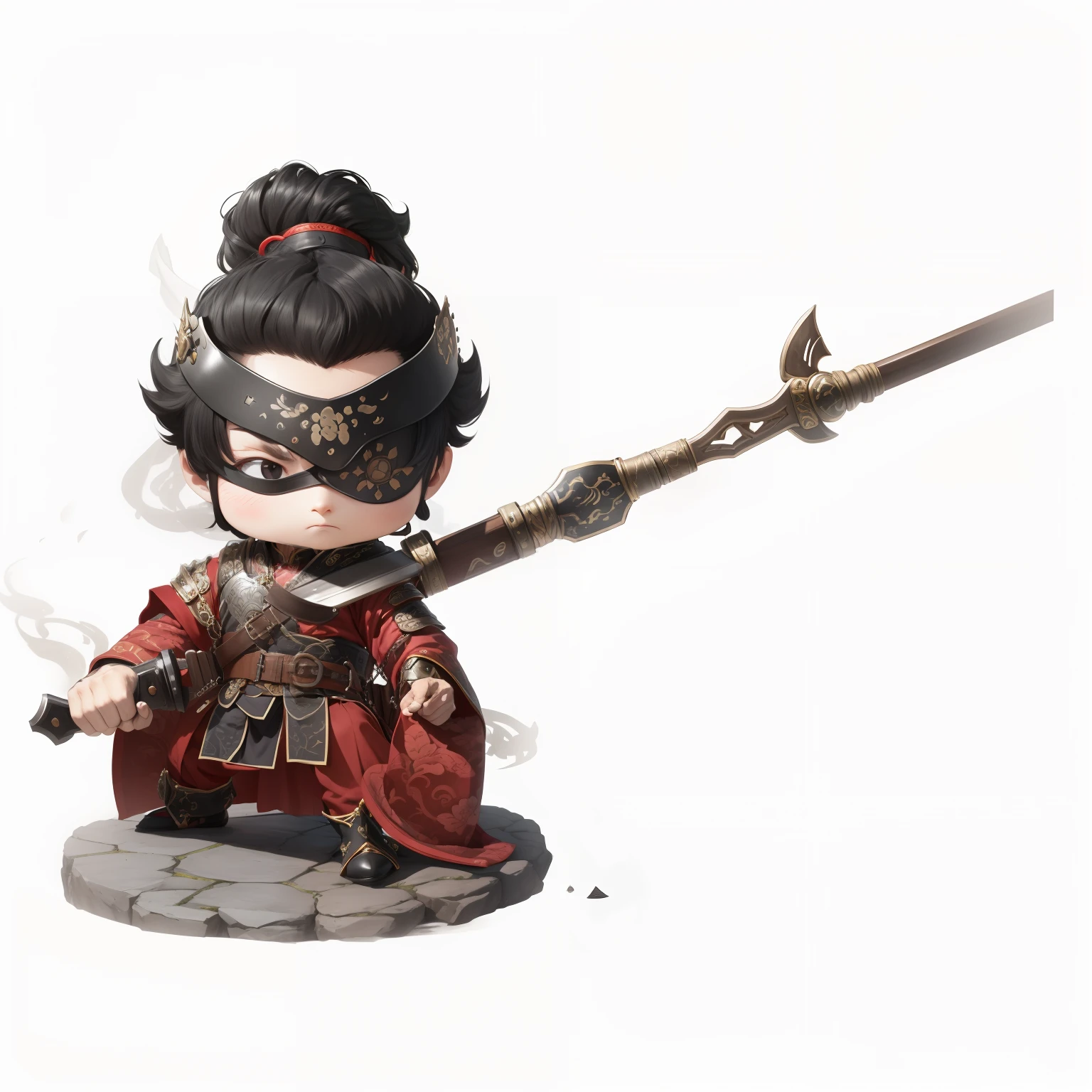 male people,Male characters,tchibi,Bad,arms,Goh weapons,The handle has a delicate pattern,Shoulder blades,metal breastplate,chainmail,Animal pattern cuirass,chest plate,Bracers,Flowing hem,China-style,Chinese-style clothing,Chinese shoes,There are beautiful patterns on the weapon grips,Refinement,Fine painting,Refinement,infinite details,high definition detail,Delicate belt,Belt accessories,Male characters,Blindfolds,Black color hair,Patterned,Pattern,Blank background,Bright colors,Metal edging