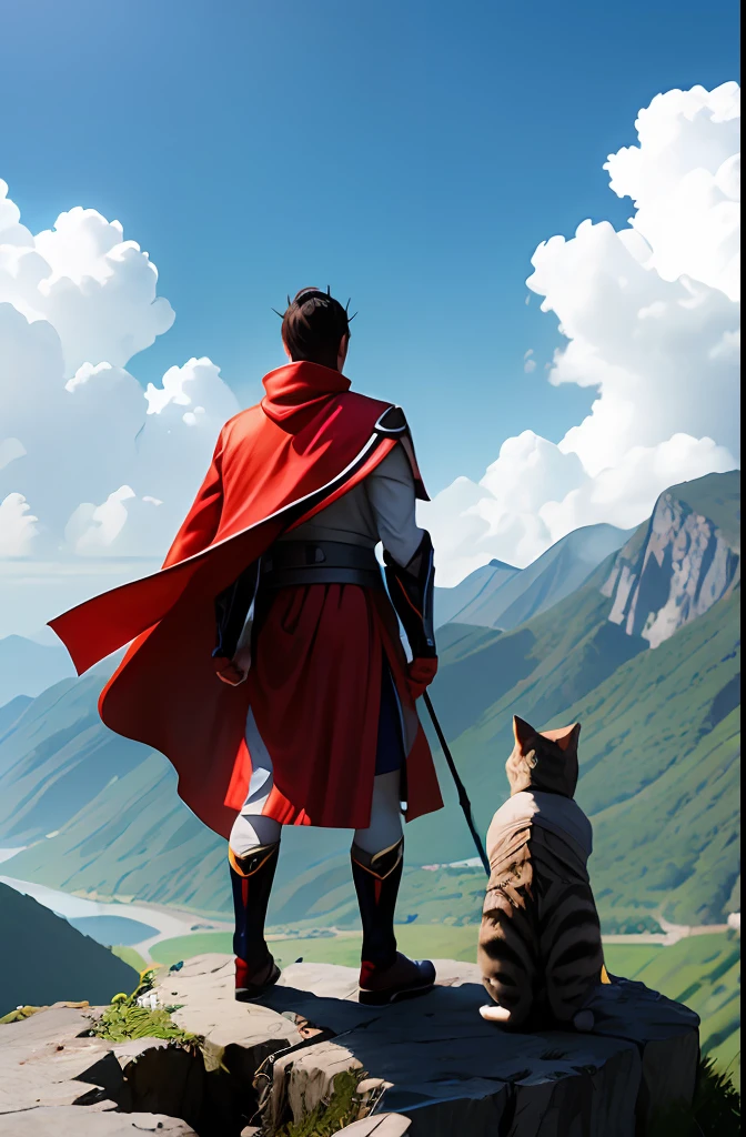 Coming from afar。An Ultraman，With a cloak，Holding a cat in his hand
