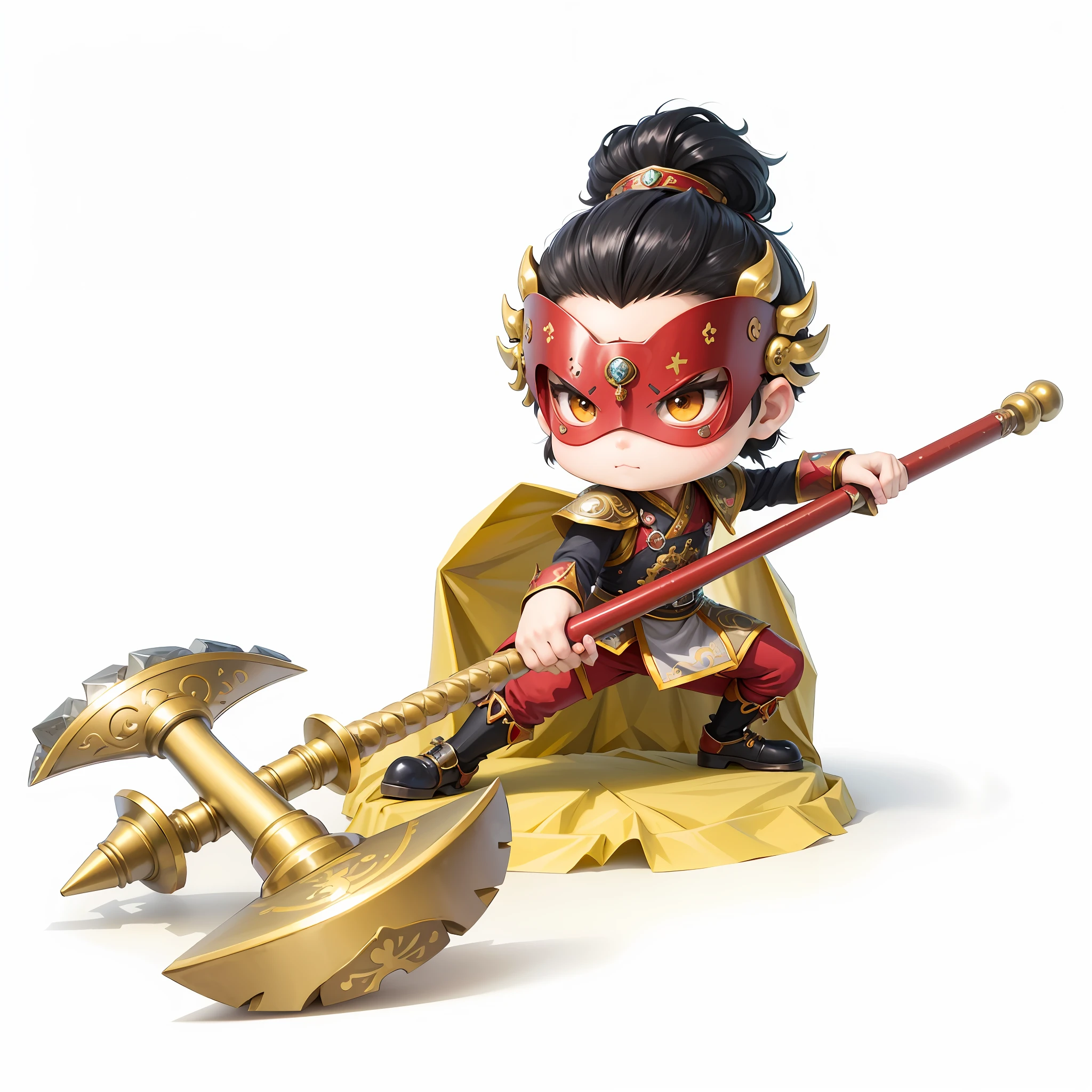 male people,Chibi anime characters,battleaxe,Chinese style,Chinese costumes,Chinese shoes,Refinement,Cloak,Blindfolds,Chinese pattern,Silver armor,Horse steps,high definition detail,infinite details,tmasterpiece,HighestQuali,8K