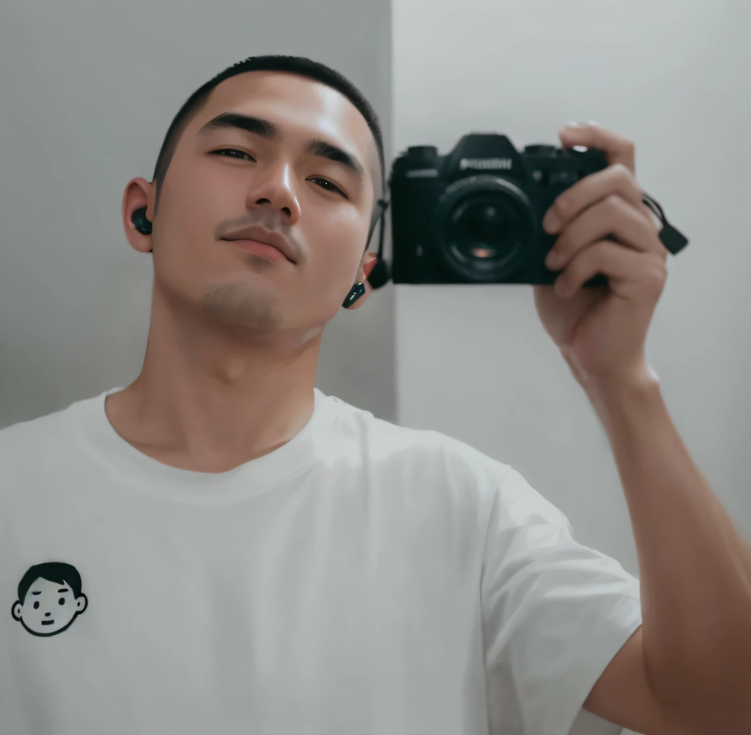 A man takes a selfie with Fujifilm XT4 in front of a bathroom mirror,Wearing a white T-shirt,short detailed hair,Bring in ear headphones,Sharp eyes,Handsome face,thick eyebrow,Short inch hair,Muscle lines are prominent,large pecs,Epic realism,To fake the real,tmasterpiece,best qualtiy,8k uhd,digital SLR camera,filmgrain,Fujifilm XT3 Realistic painting art,(highdetailskin:1.2),Photorealistic