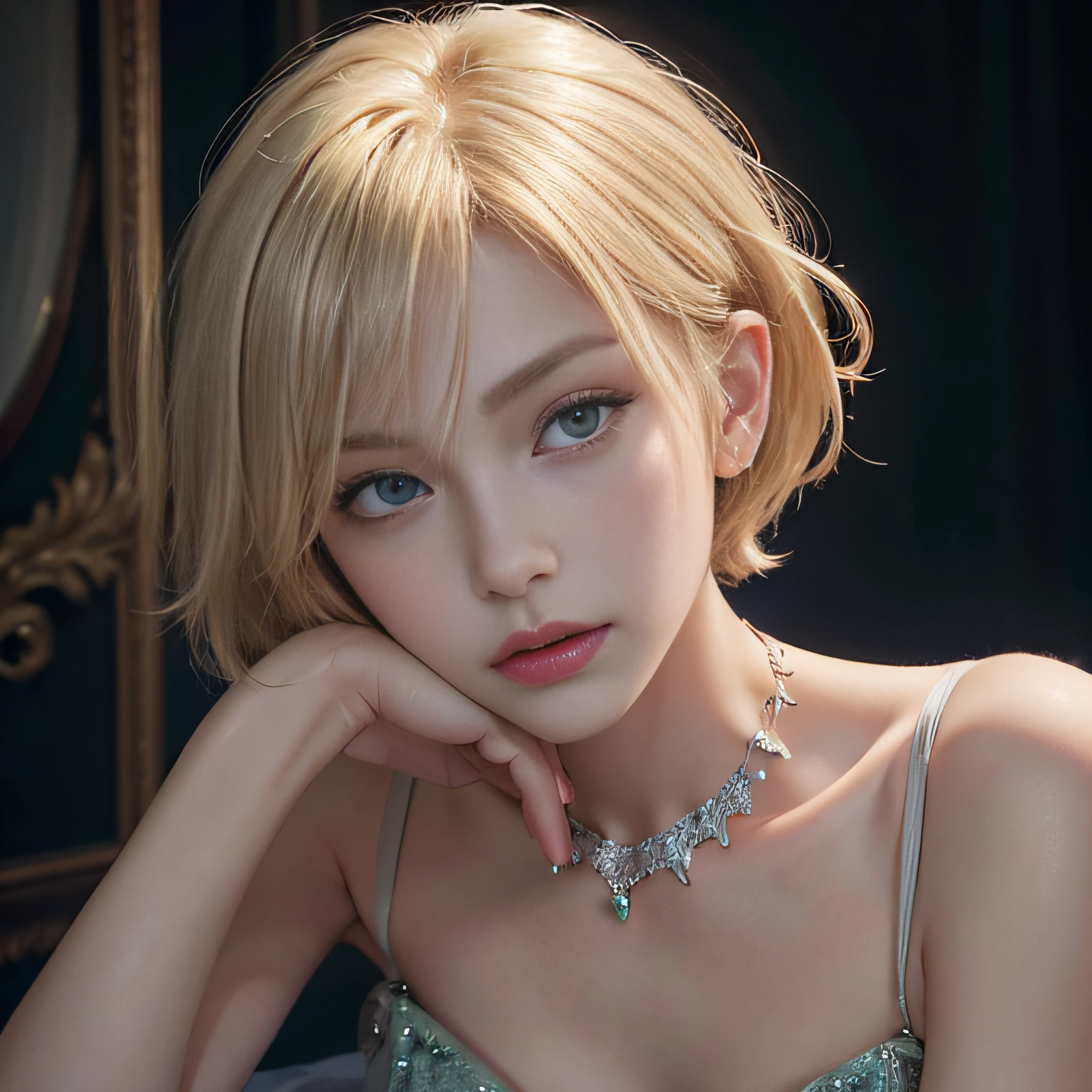 (blonde bob hair, green eyes), wearing luxury dress, laying down, in photo studio, fashion photography, professional lighting, (photorealistic:1.2), masterpiece, best quality, looking at viewer, sassy, Realistic skin details, 4k textures, intricate details, highly detailed, sharp focus, upturned eyes, blush