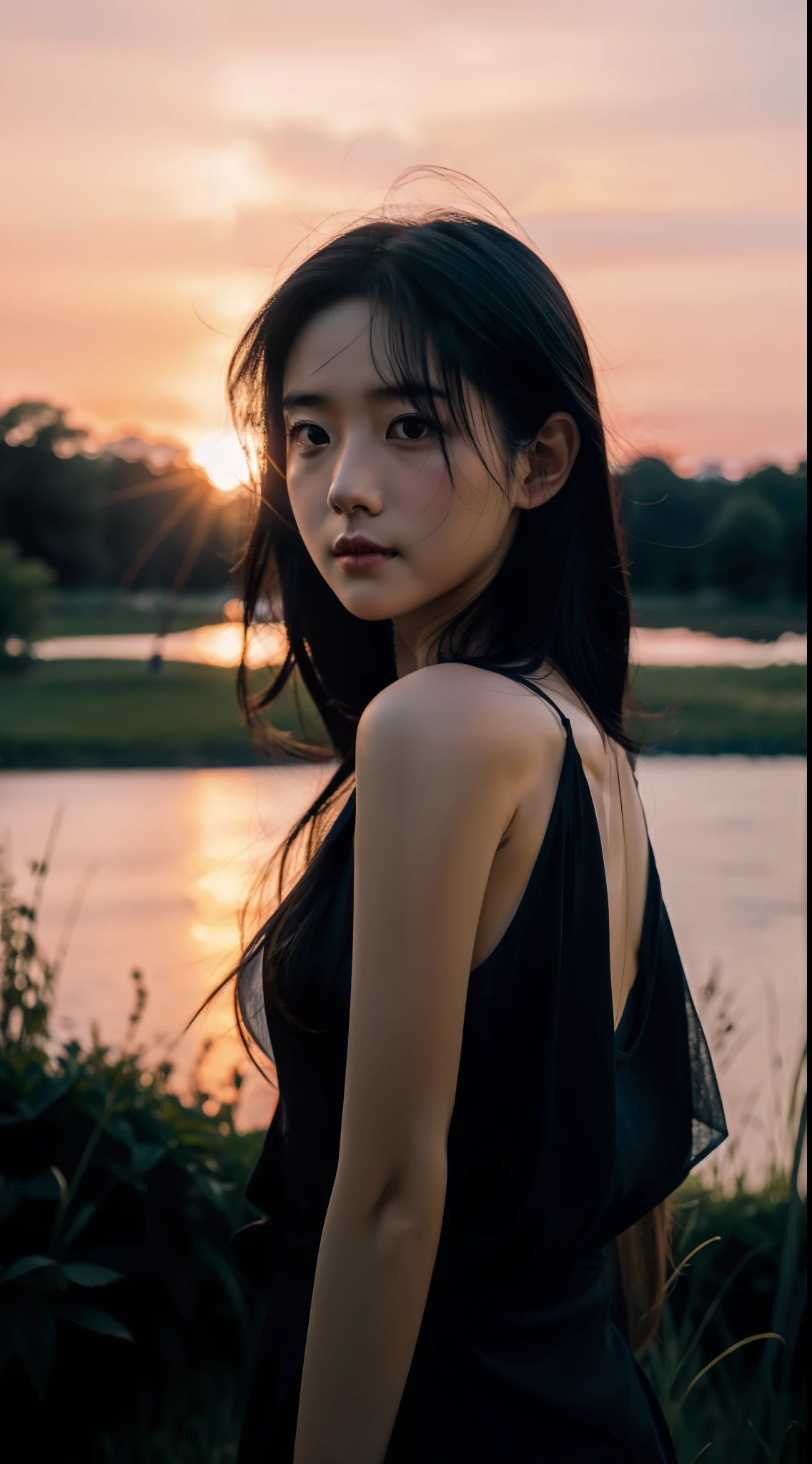 1girl in，idoly，mannequin，deep of field，a picture，movie，Side face，Back，Turn your face away from the camera，（Ruffle hair：1.5），Look at the sky，skinny，mommy，鎖骨，tusk，long way hair，movie，Dark blue camisole vest，Cinematography，Sunset by the lake，Enhances eye contact with the camera