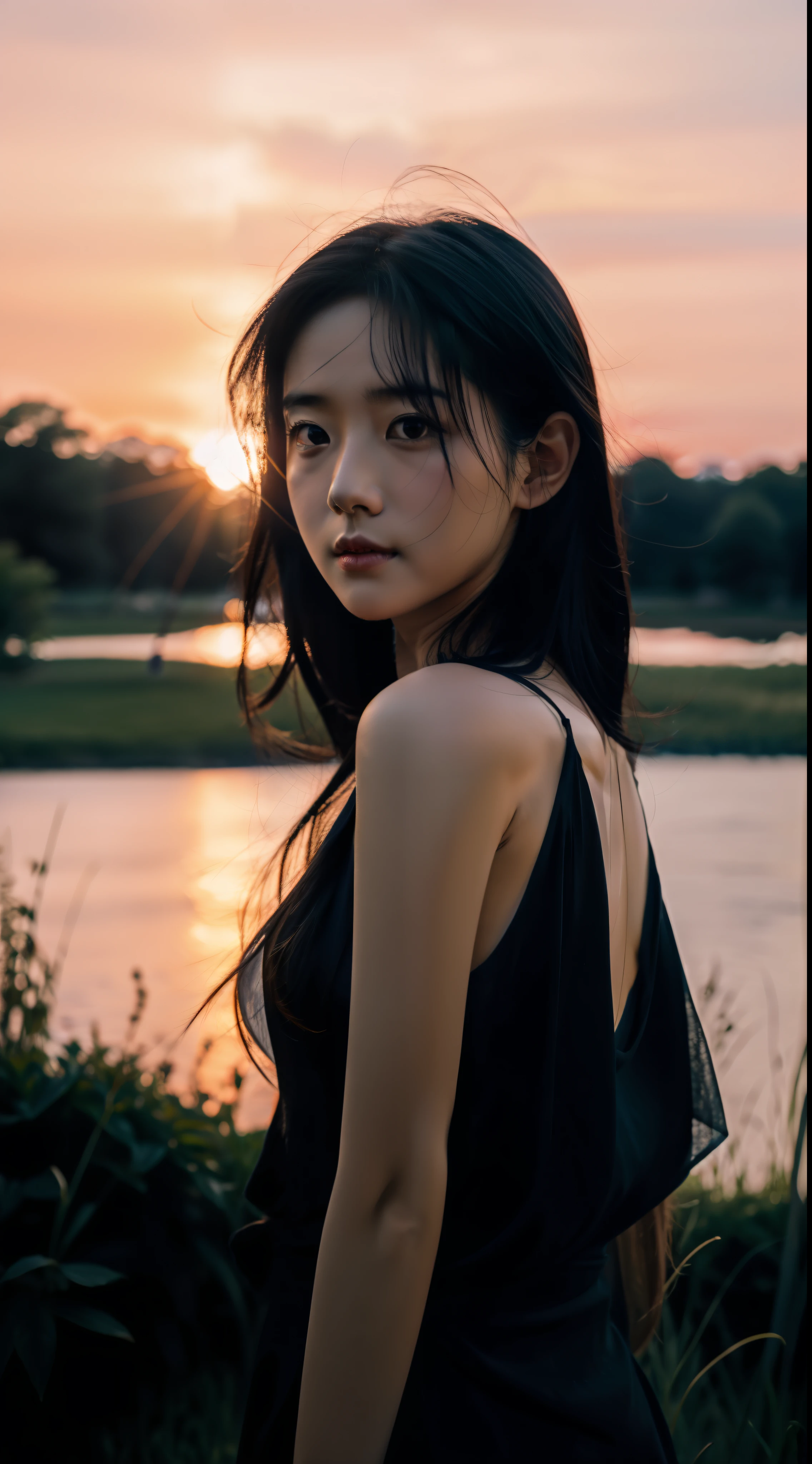 1girl in，idoly，mannequin，deep of field，a picture，movie，Side face，Back，Turn your face away from the camera，（Ruffle hair：1.5），Look at the sky，skinny，mommy，鎖骨，tusk，long way hair，movie，Dark blue camisole vest，Cinematography，Sunset by the lake，Enhances eye contact with the camera