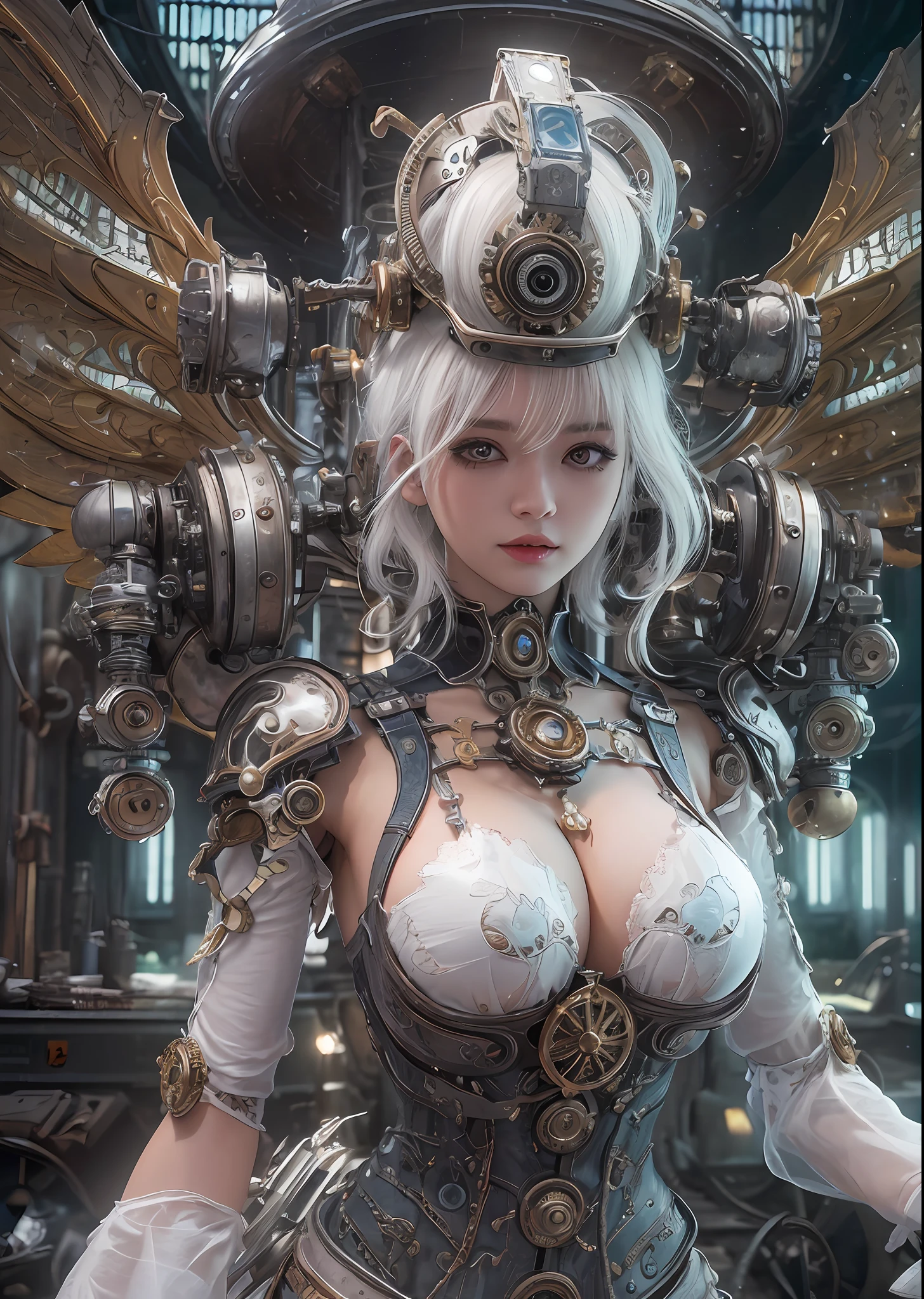 top-quality、​masterpiece、超A high resolution、(Photorealsitic:1.4)、Raw photo、Steampunk Battle Cyborg Angel、large wings made of metal、White porcelain body、Acrylic Clear Cover、white  hair、glowy skin、1 steampunk cyborg girl、((super realistic details))、portlate、globalillumination、Shadow、octan render、8K、ultrasharp、character edge light,Colossal tits、Raw skin is exposed in cleavage、Details of complex ornaments、Details of the steam engine、Hydraulic cylinder、Small LED lamp、highly intricate detail、Realistic light、a purple eye、radiant eyes、Facing the camera、neon details、cowboy  shot、Futuristic headgear、About steampunk、、