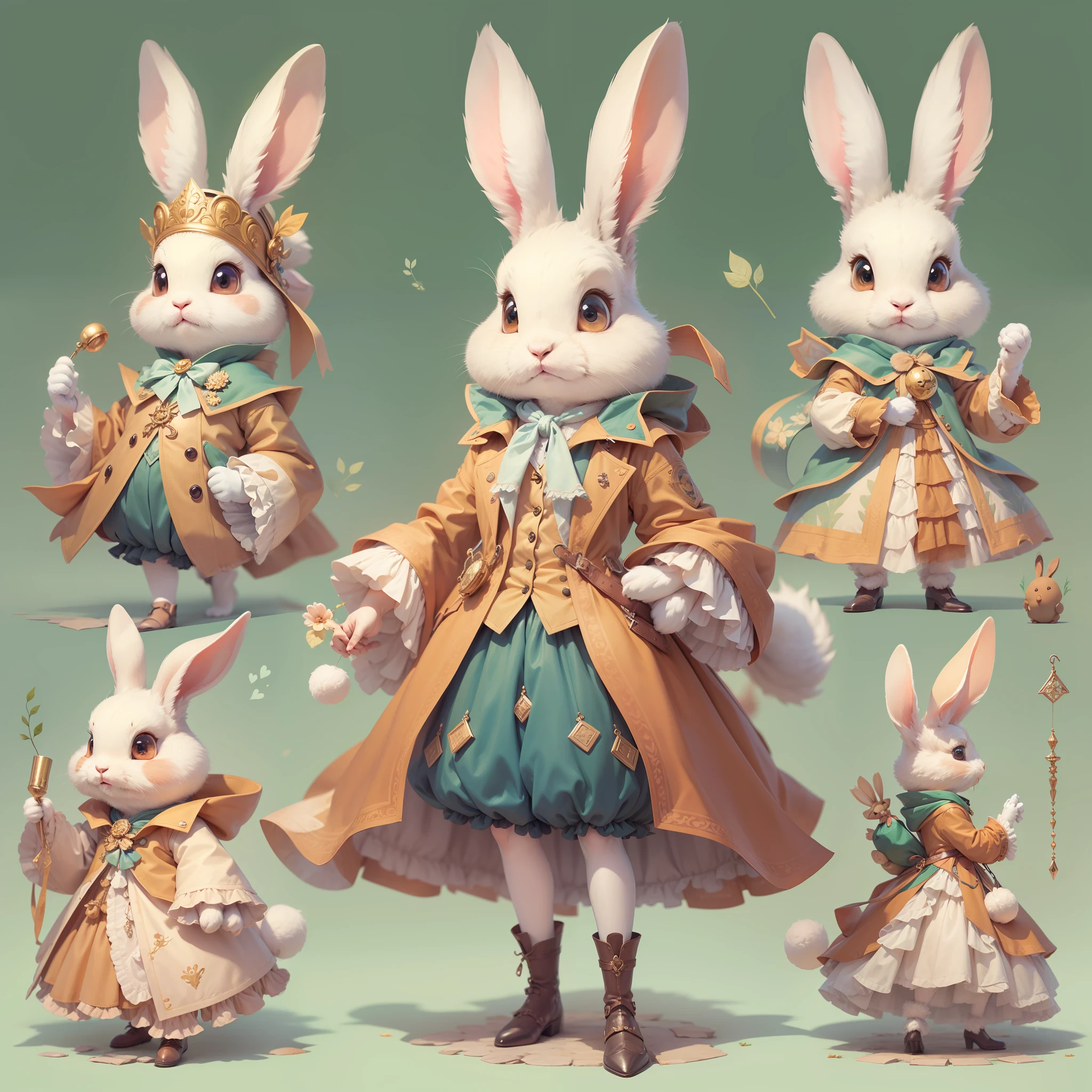Queen rabbit、Multiple facial expressions、Anthropomorphic cute rabbit、Cute characters from fairy tales、Cute rabbit in coat、18th century French clothing、Colorful colors、An ultra-high picture quality、Super delicate、Character design drawings、Full body like、Multiple Pose、