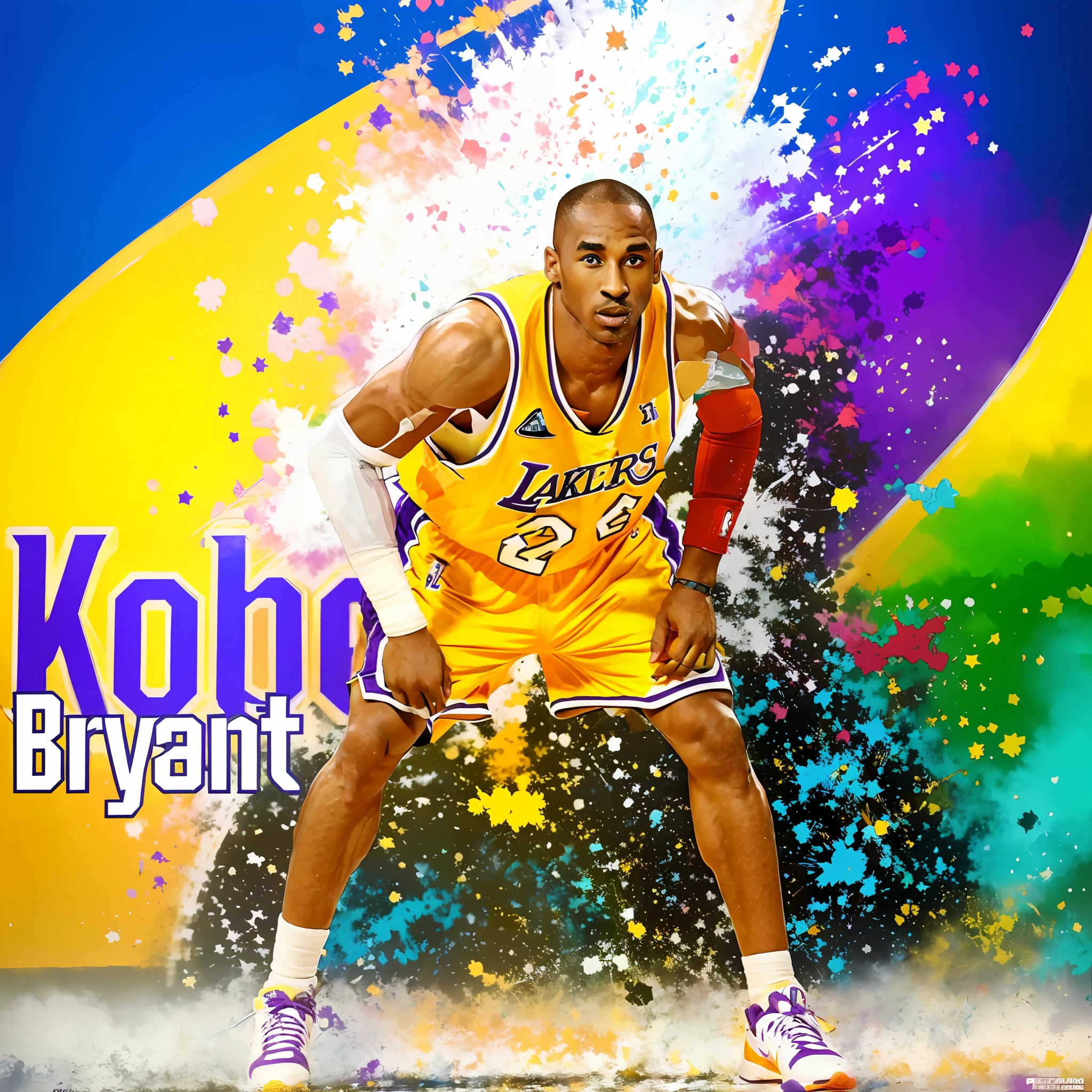 Kobe Bryant is a basketball player in a yellow uniform and purple shoes, Kobe Bryant, Retrato de Kobe Bryant, posterizado, vibrant fan art, Splatter, Sede 8k, feito com photoshop, Papel de parede - 1 0 2 4, cor posterizada, paper awesome wallpaper, arte digital ", arte digital", fanart de alta qualidade, papel de parede de alta qualidade, 🚀🚀🚀, respingo de cor