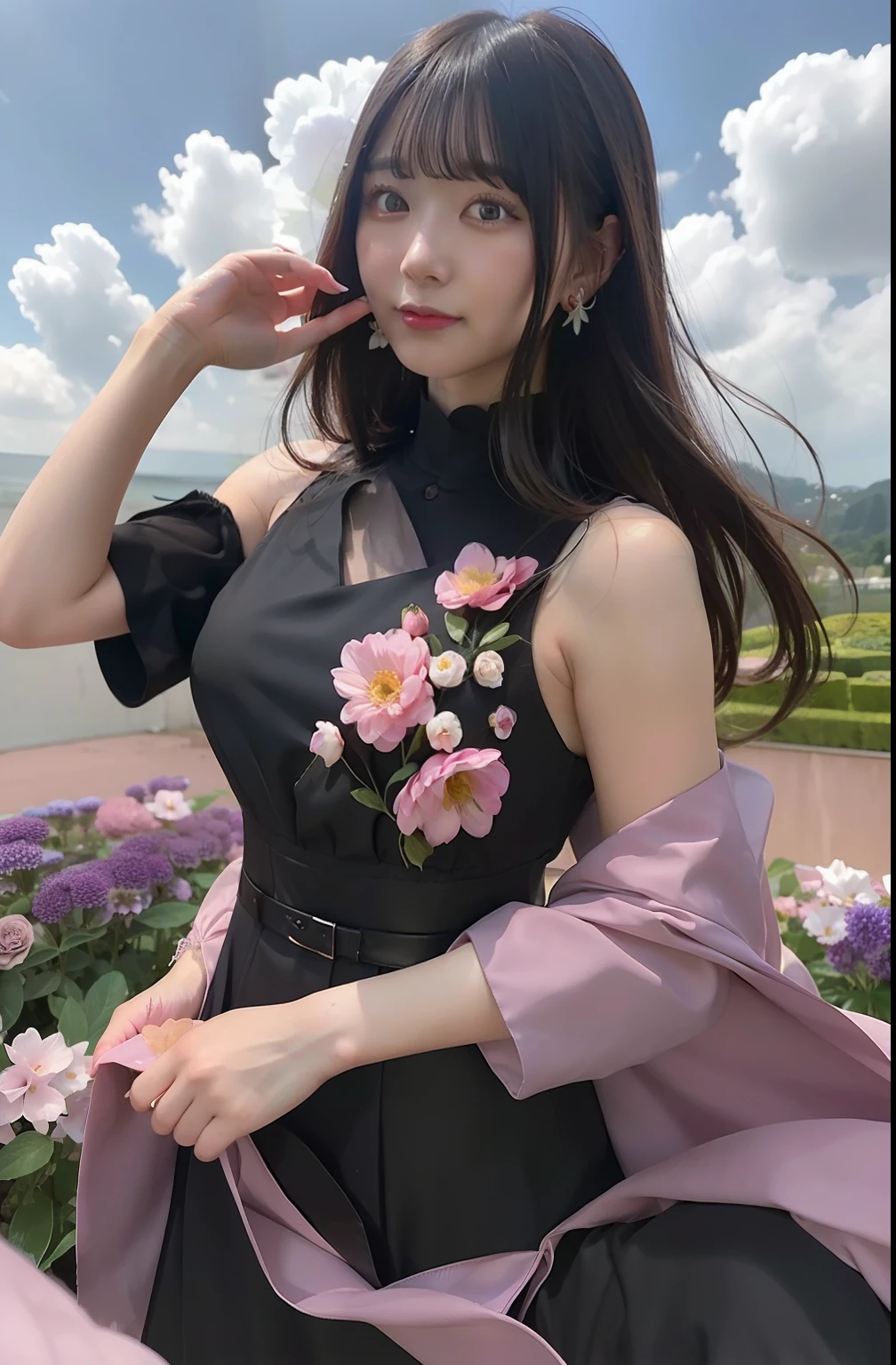 Hinata hyuga A woman standing in a flower garden. His skin was white and his hair was long riven. She was wearing a black dress with a floral accent on her chest and pink waistcoat. Her breasts look so big and round. He looked at the camera. So pretty and realistic