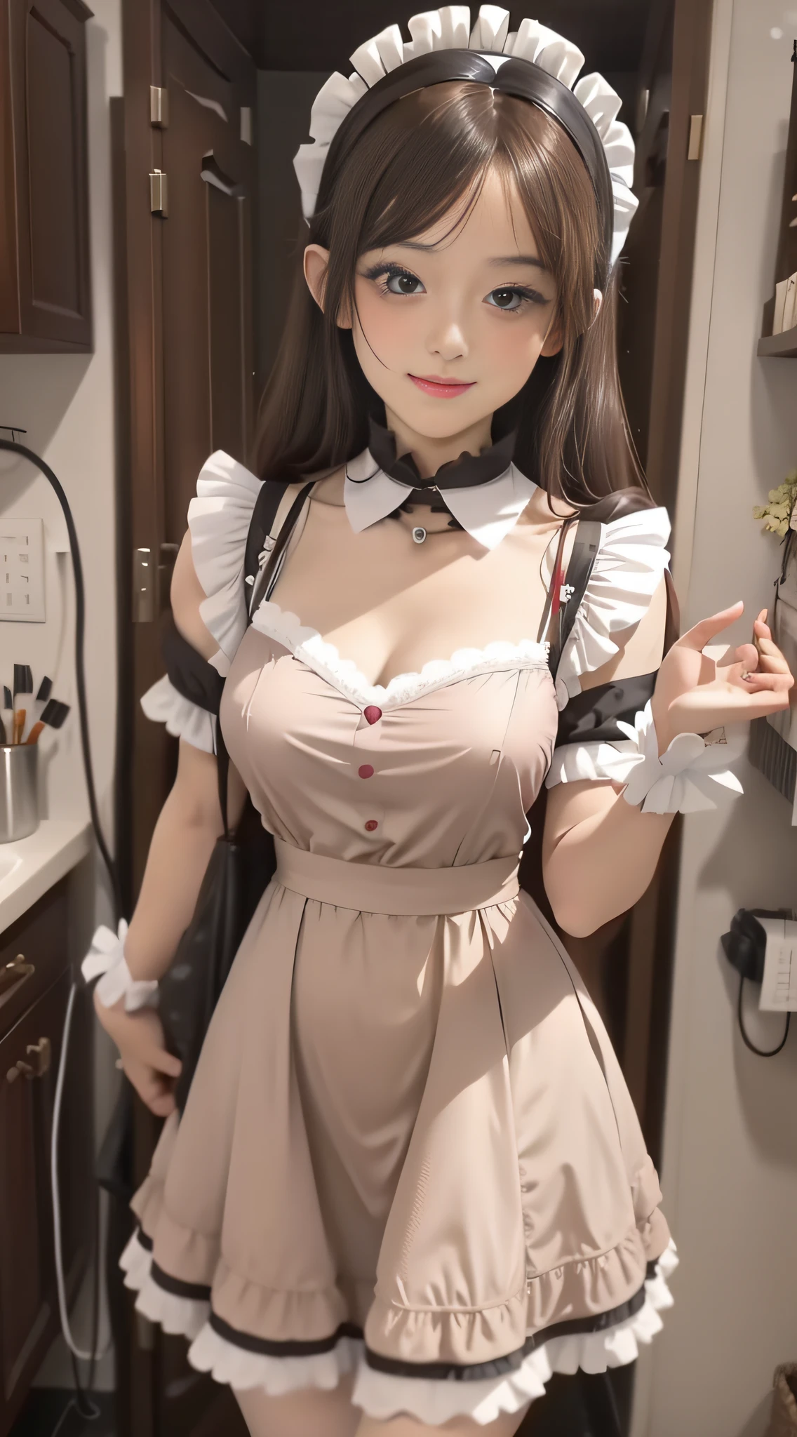 Arad woman in maid costume poses in the bathroom, gorgeous maid, Maid dress, Maid outfit, maid costume, anime girl in a maid costume, maid, wearing maid uniform, french maid, High quality clothing, cosplay of a catboy! maid! dress, Loli, a sexy maid in a magical forest, Open V chest clothes