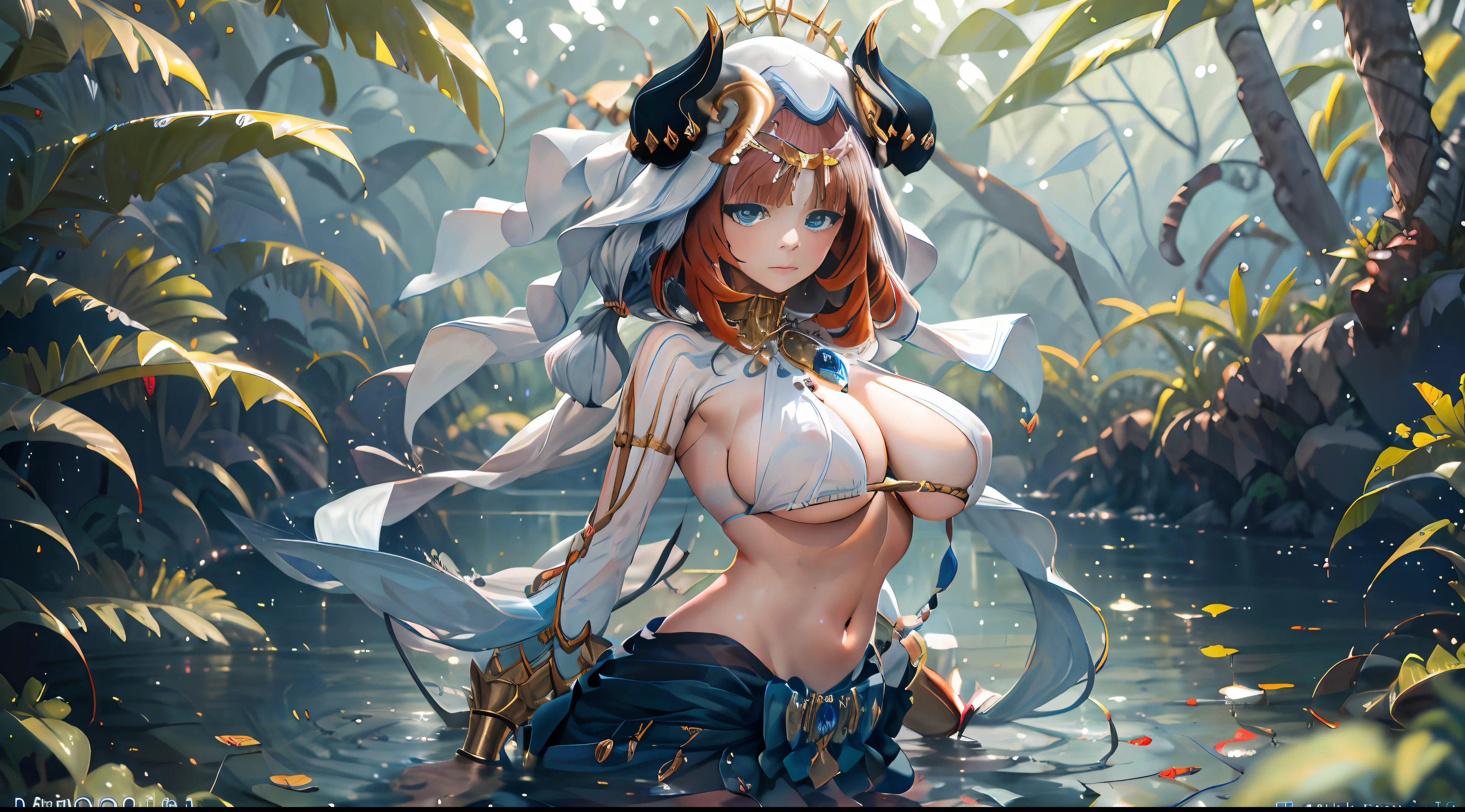 Nilou Genshin Impact, Iwhole body, (NSTDA.:1.2), (10, beste-Qualit, master-piece: 1.4), ultra-high resolution, (realistic, photorealistic: 1.48), Cute Girl 25 years old , ( Beetle Micro See-through bikini:1.11), huge breasts, famous Japanese celebrities, blue eyes, head tilt, cowboy style Side view Looking at viewer Emotionless Beautiful river in the forest Zeiss 150mm F/ 2.8 Hasselblad Whole body Foot Ultra Wide angle