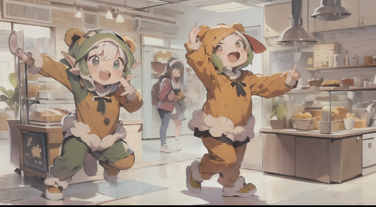 Cute elf character drawn in realistic hand drawn style、I work at a concept café、Today I generated a bright illustration of dancing in a bear costume。