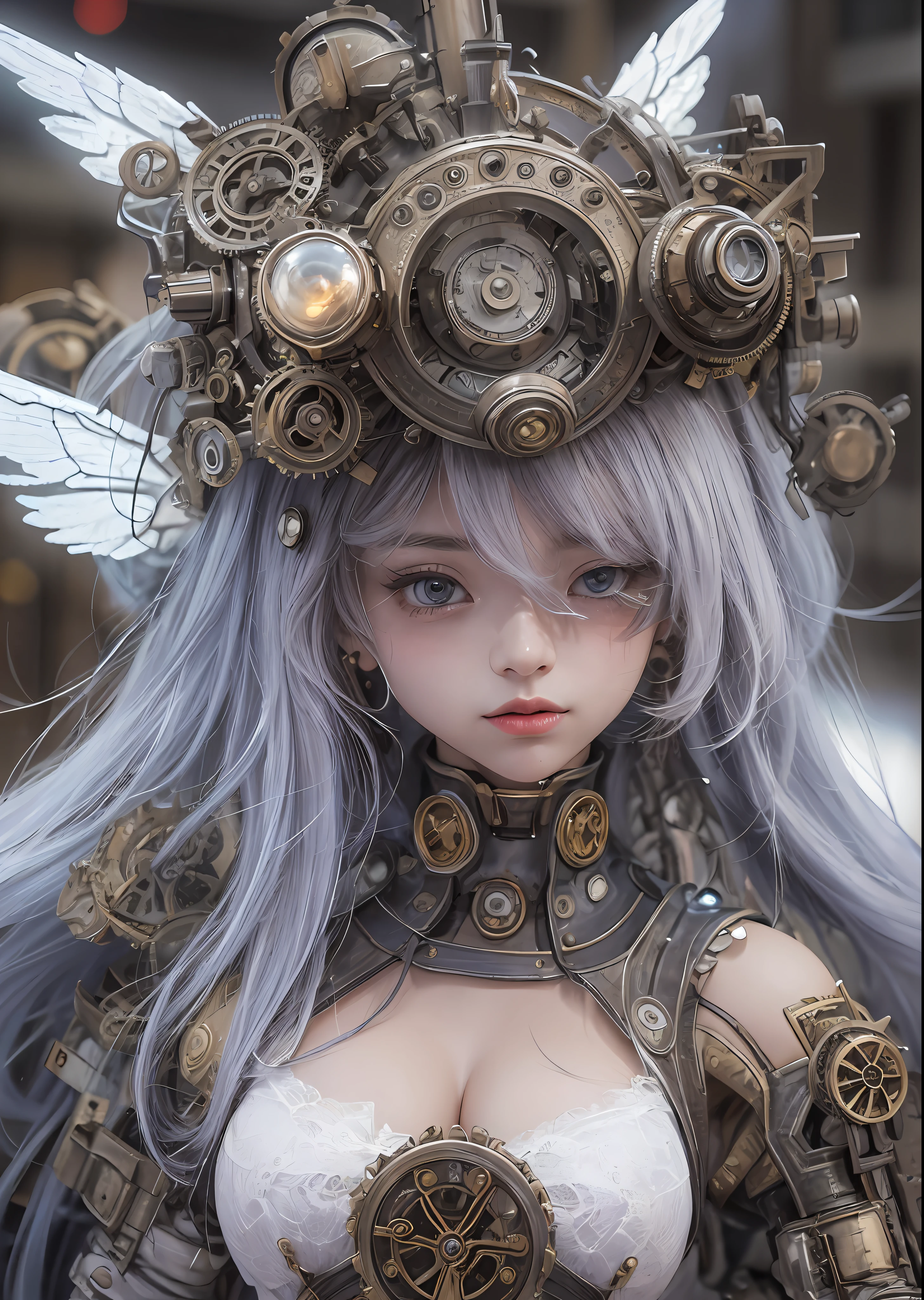top-quality、masterpiece、超A high resolution、(Photorealsitic:1.4)、Raw photo、Steampunk Battle Cyborg Angel、large wings made of metal、White porcelain body、Acrylic Clear Cover、white hair、glowy skin、1 steampunk cyborg girl、((super realistic details))、portlate、globalillumination、Shadow、octan render、8K、ultrasharp、character edge light,Colossal tits、Raw skin is exposed in cleavage、Details of complex ornaments、Details of the steam engine、Hydraulic cylinder、Small LED lamp、highly intricate detail、Realistic light、a purple eye、radiant eyes、Facing the camera、neon details、cowboy shot、Futuristic headgear、About steampunk、、