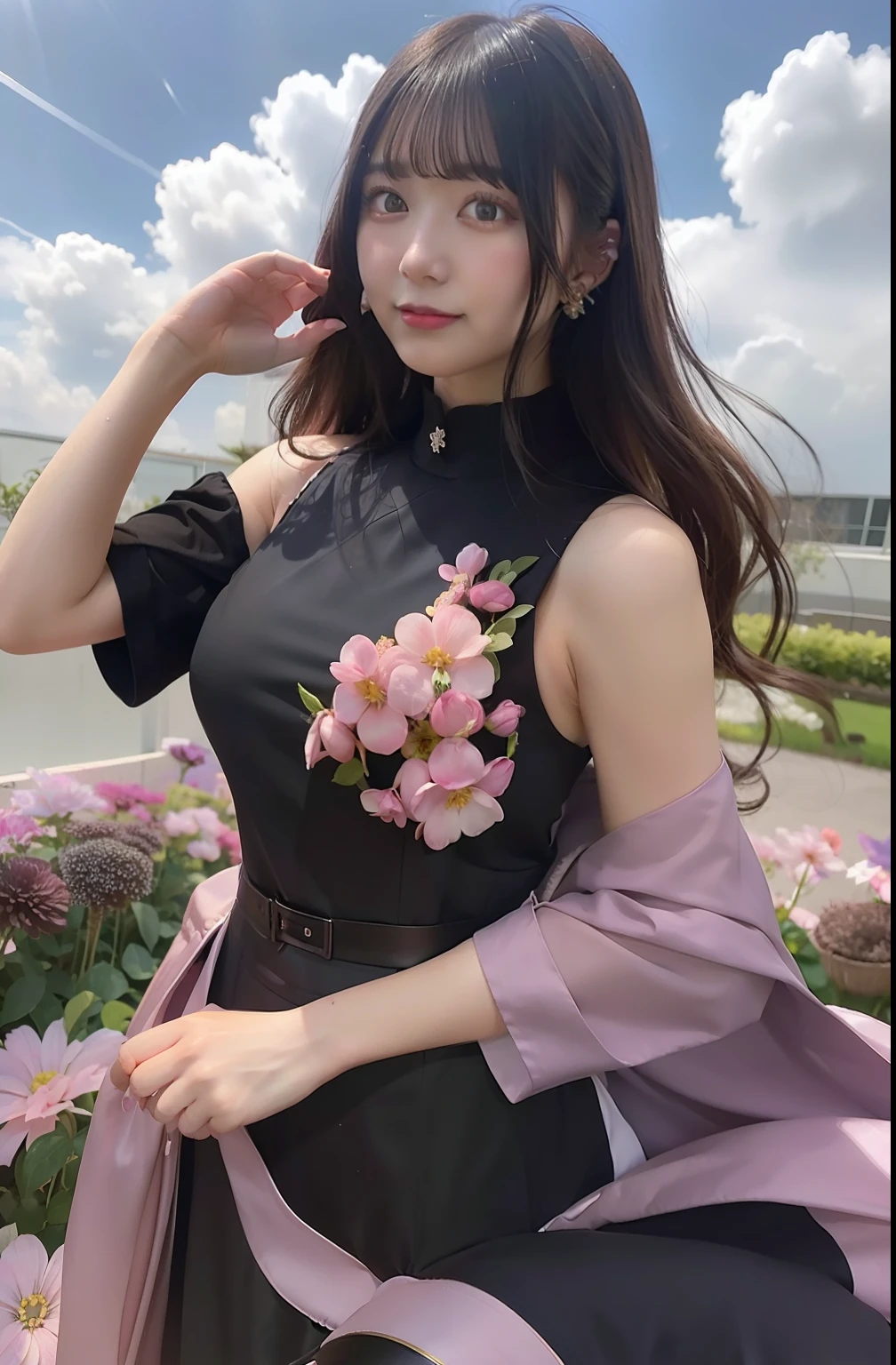 Hinata hyuga A woman standing in a flower garden. His skin was white and his hair was long riven. She was wearing a black dress with a floral accent on her chest and pink waistcoat. Her breasts look so big and round. He looked at the camera. So pretty and realistic