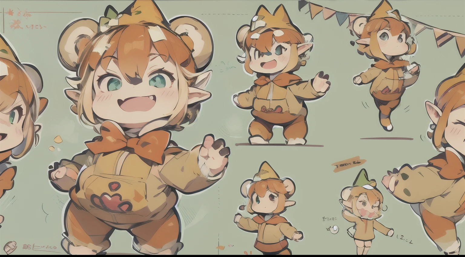 Cute elf character drawn in realistic hand drawn style、I work at a concept café、Today I generated a bright illustration of dancing in a bear costume。
