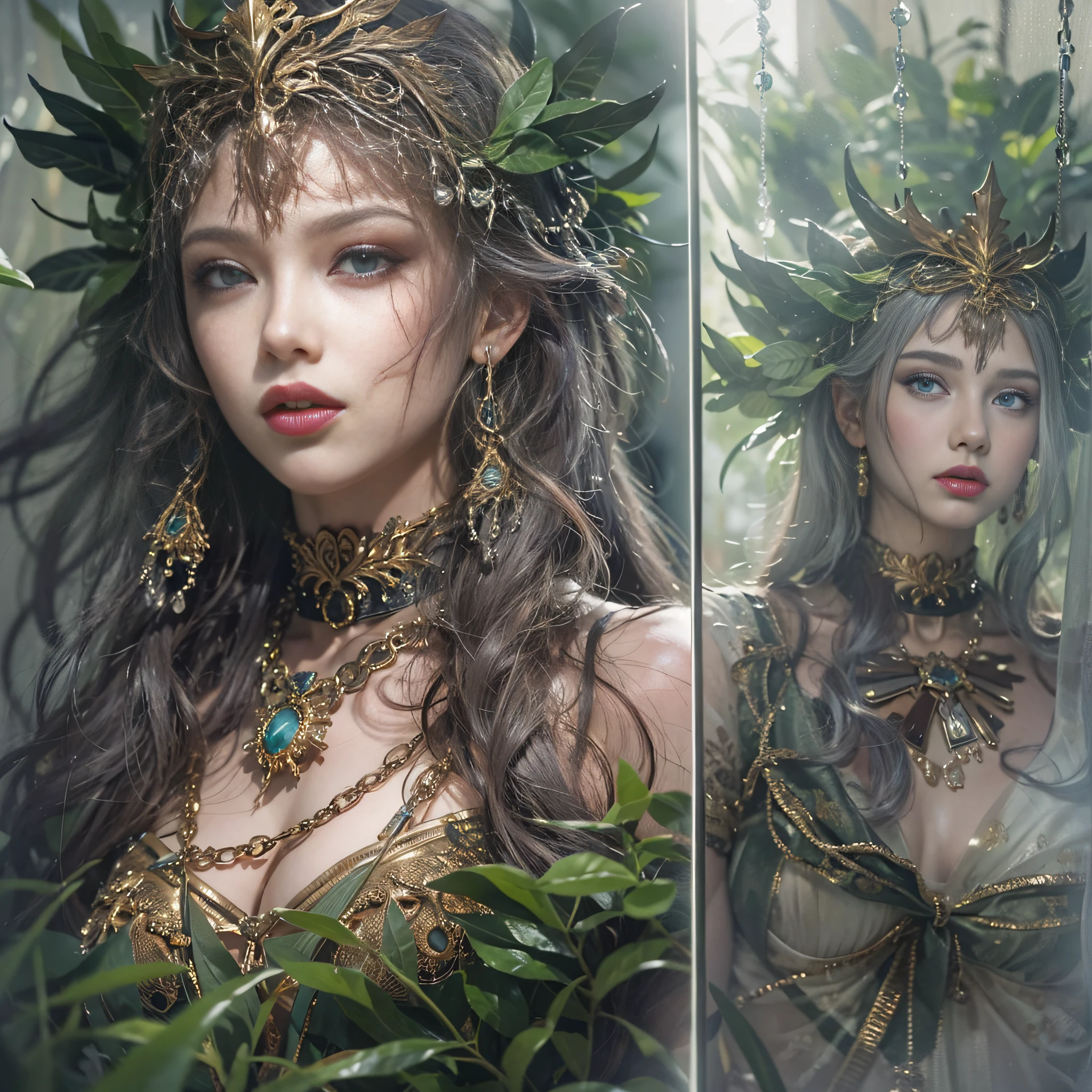 ((masterpiece)、(top-quality)、(reallistic))、beautiful queen:1.4、Bondage style、latex shiny、By Luis Royo:1.4、1girl in、Sexy Daughter、Attractive earrings with impressive beauty、a choker、a necklace、piercings、(Super beauty)、Super Ultra Ultra Bikini、standingn、fullllbody:1.4、(Beauty in return)、Fantastic mythological landscape