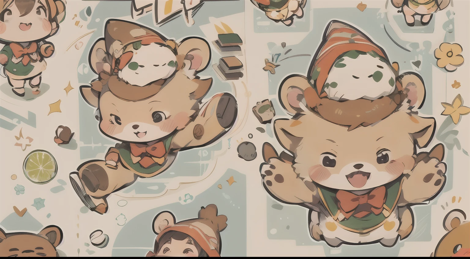 Cute elf character drawn in realistic hand drawn style、I work at a concept café、Today I generated a bright illustration of dancing in a bear costume。