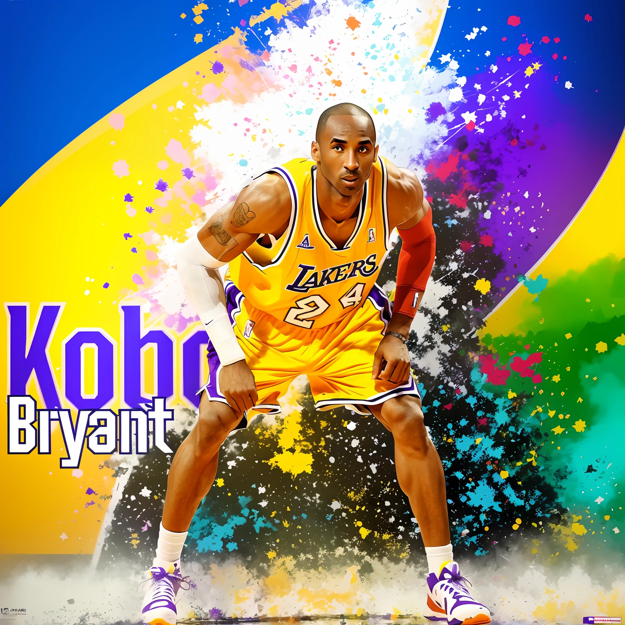 Kobe Bryant is a basketball player in a yellow uniform and purple shoes, Kobe Bryant, Retrato de Kobe Bryant, posterizado, vibrant fan art, Splatter, Sede 8k, feito com photoshop, Papel de parede - 1 0 2 4, cor posterizada, paper awesome wallpaper, Arte Digital ", Arte Digital", Fanart de alta qualidade, papel de parede de alta qualidade, 🚀🚀🚀, respingo de cor