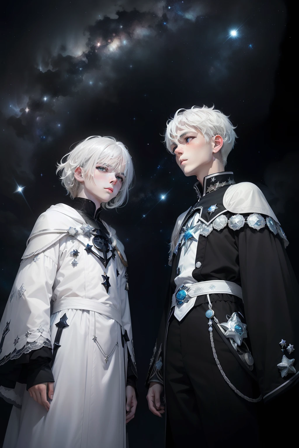 ((starrysky+nigh sky+As estrelas+galactic+kosmos)under below,the sea,(white hair boy,The boy with white hair,Silver-haired teenager+Black-haired boy+White-haired boy and black python)。)