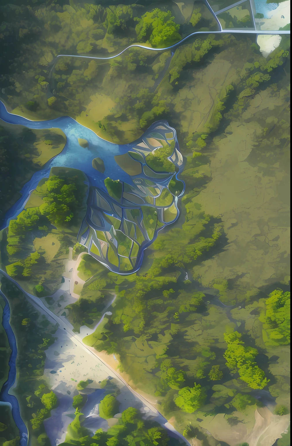 Aerial view of the river passing through lush green forest, aerial illustration, aerial iridecent veins, river delta, mid-air, aerial view top down, looking from above, From above, looking from above, View from above, upper view, ariel view, aerial view of an ancient land, aerial view from above, top down shot, aerial shot, with trees and rivers,Photorealistic photorealism