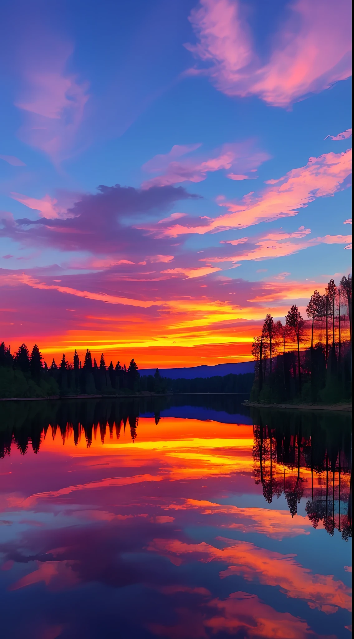 there is a beautiful sunset with a lake and trees in the background, colorful skies, surreal colors, colorful sunset, colorful sky, marvellous reflection of the sky, stunning sky, dream like atmosphere 8k, colorful clouds, colors reflecting on lake, surreal sky, red and blue reflections, fire reflection, beautiful sky, beautiful and spectacular dusk, beautiful dreamy landscape, amazing sky
